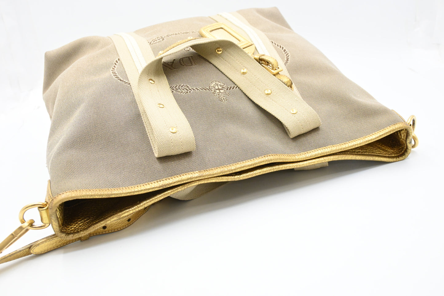 Prada Logo Jacquard Tote in Beige Canvas and Gold Leather