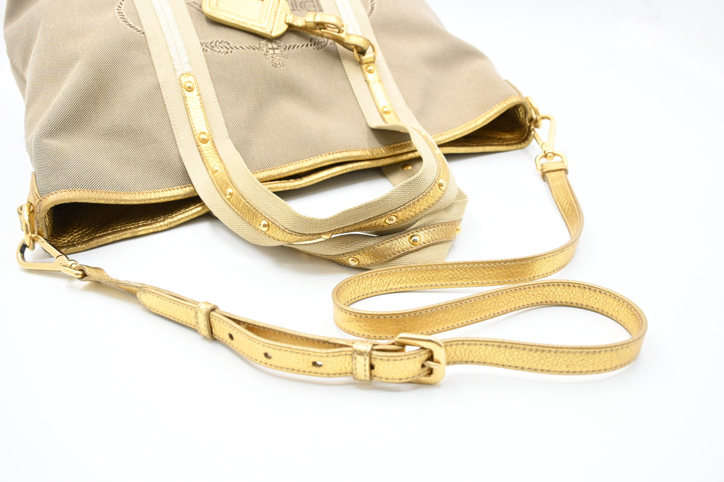 Prada Logo Jacquard Tote in Beige Canvas and Gold Leather