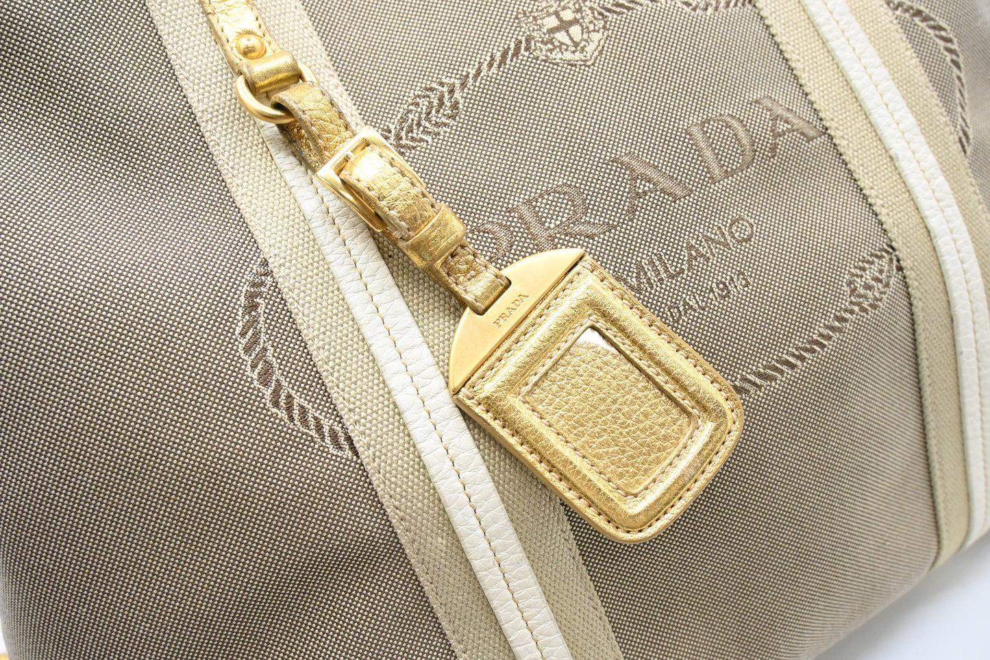Prada Logo Jacquard Tote in Beige Canvas and Gold Leather