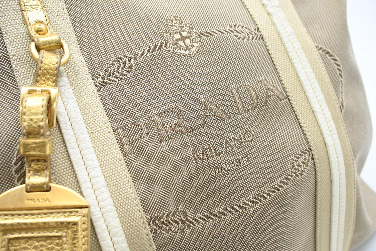 Prada Logo Jacquard Tote in Beige Canvas and Gold Leather