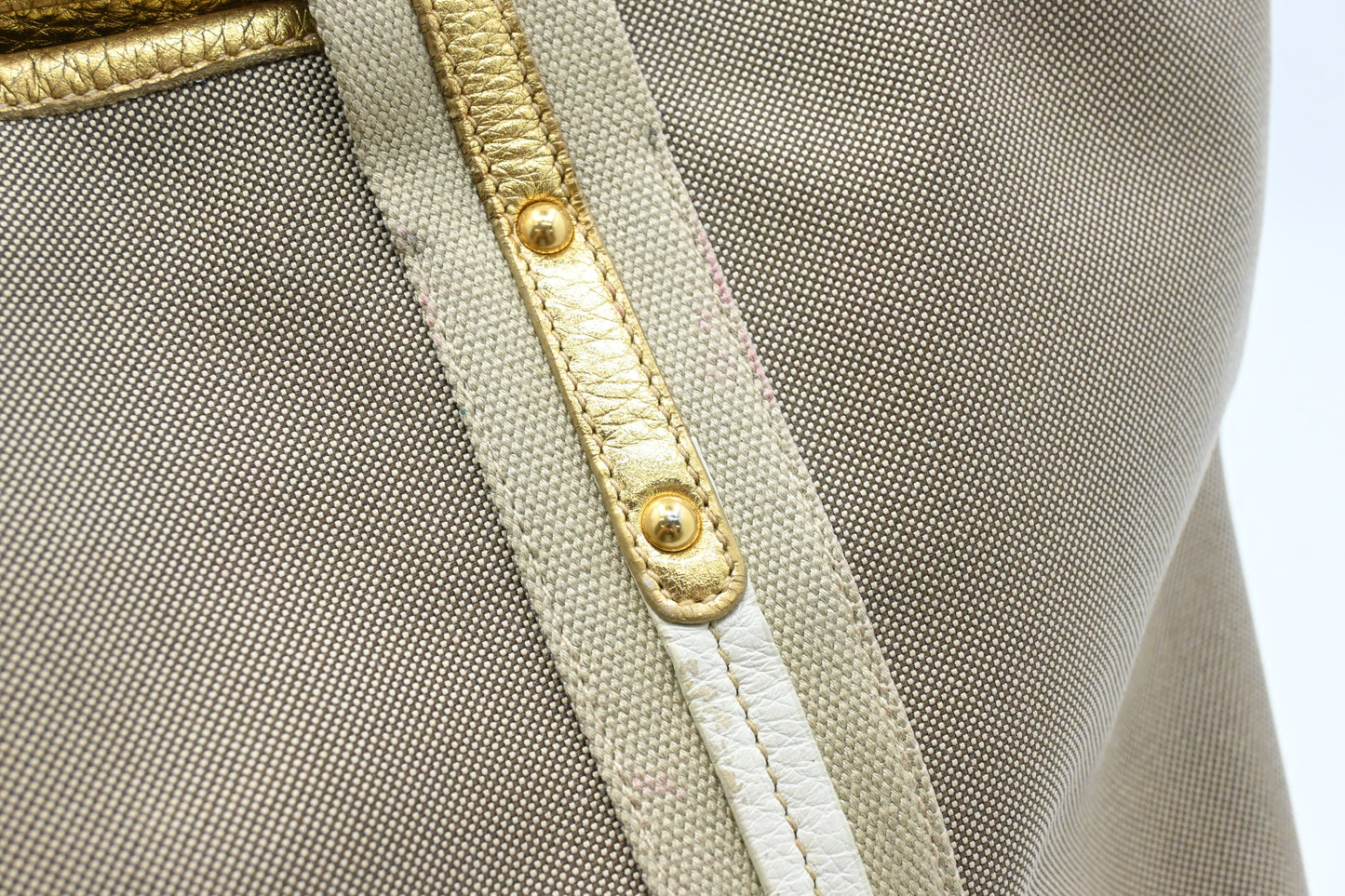 Prada Logo Jacquard Tote in Beige Canvas and Gold Leather
