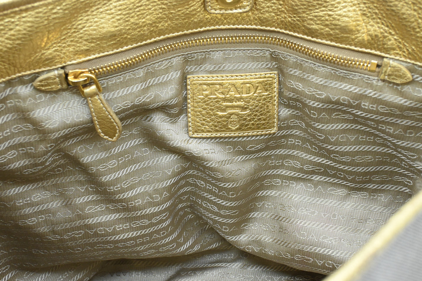 Prada Logo Jacquard Tote in Beige Canvas and Gold Leather