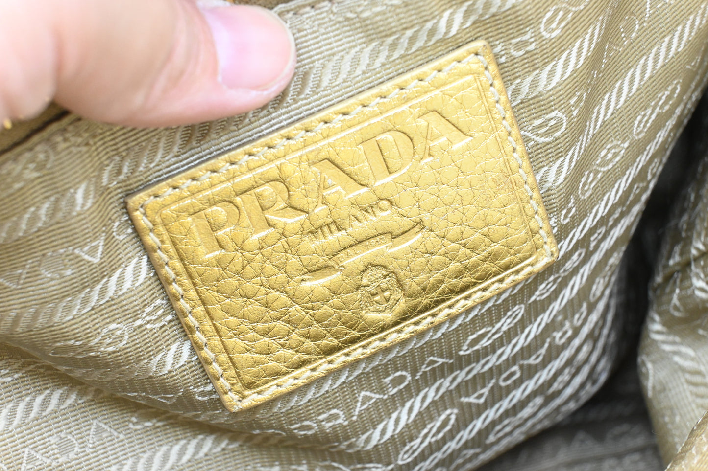 Prada Logo Jacquard Tote in Beige Canvas and Gold Leather