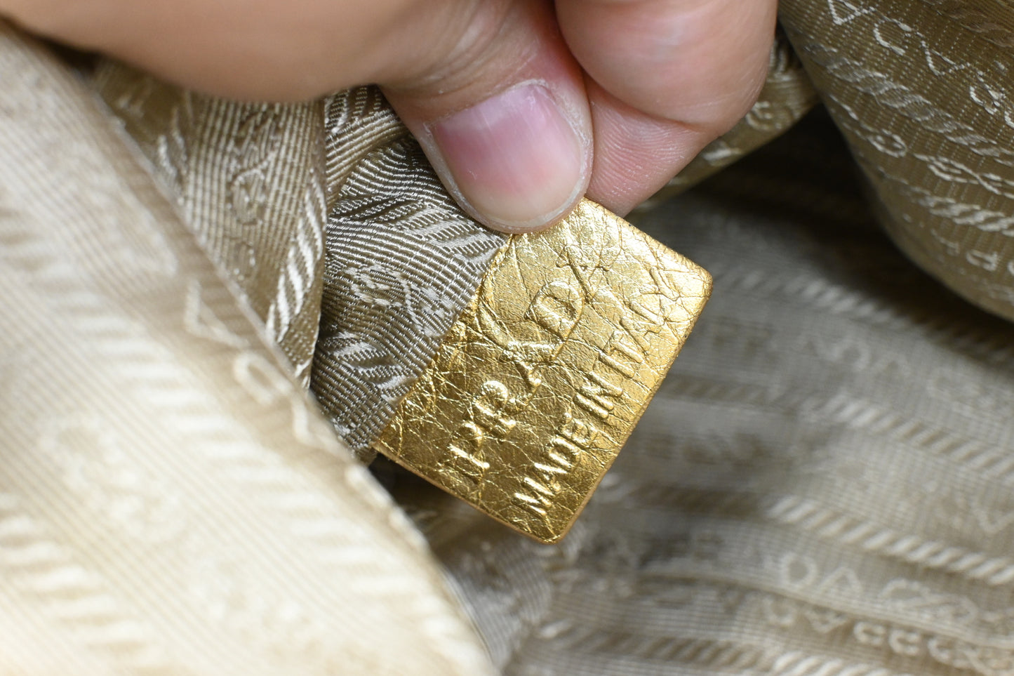 Prada Logo Jacquard Tote in Beige Canvas and Gold Leather