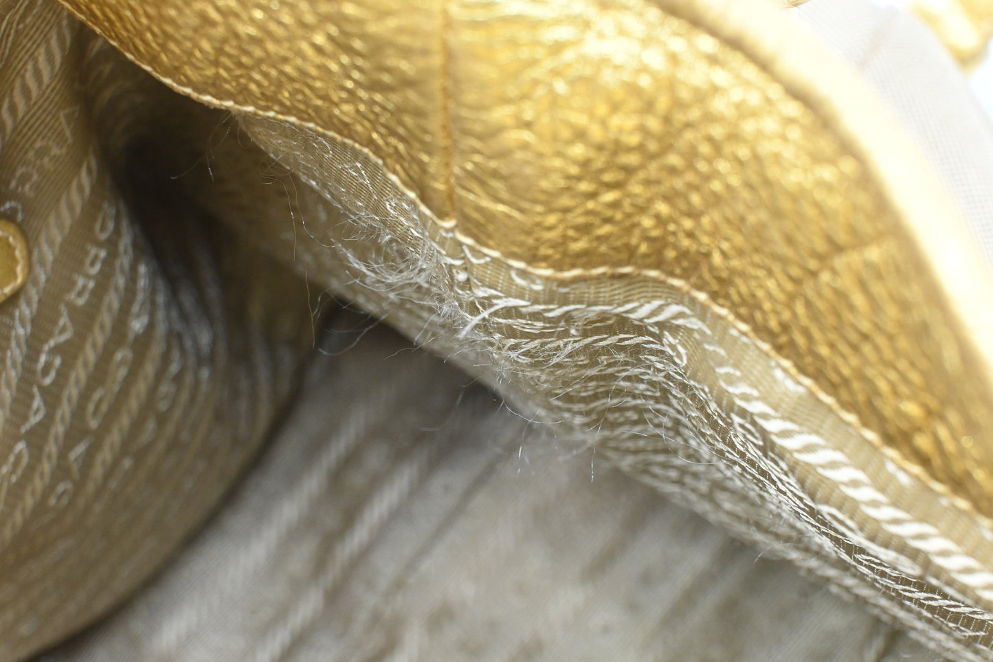Prada Logo Jacquard Tote in Beige Canvas and Gold Leather