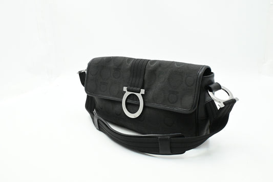 Ferragamo Shoulder Bag in Black Gancini Canvas