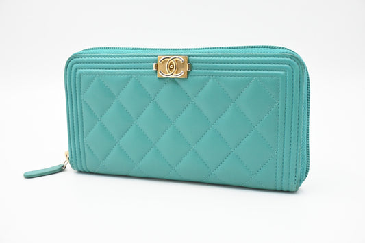 Chanel Boy Long Zippy in Teal Leather