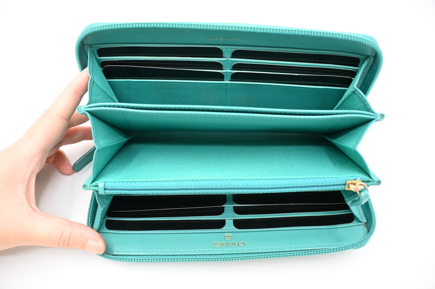 Chanel Boy Long Zippy in Teal Leather