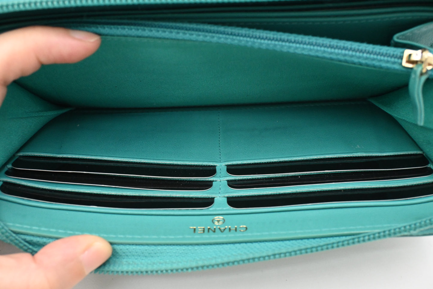 Chanel Boy Long Zippy in Teal Leather