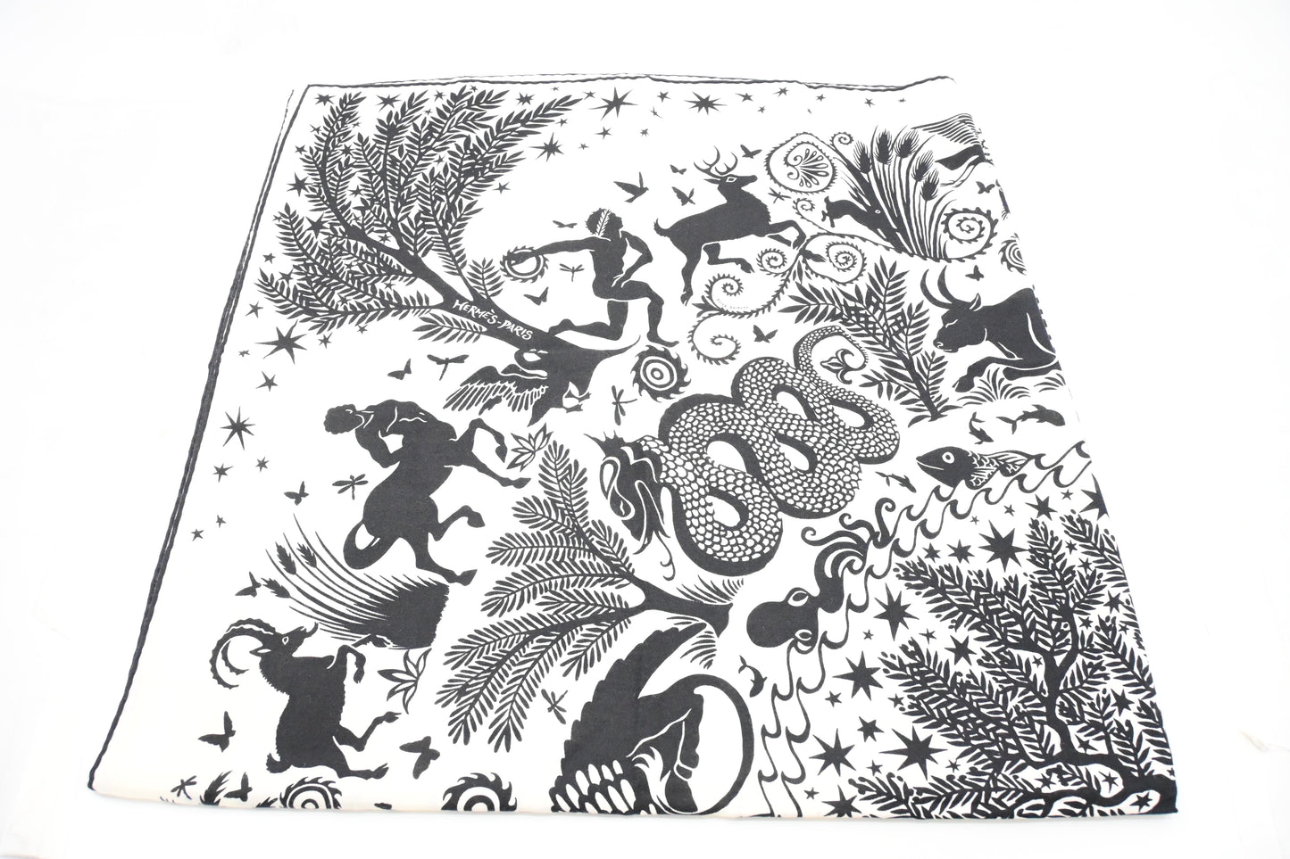 Hermes 'Sous le Charme d'Orphee' Shawl 140 in Black and White Cashmere and Silk