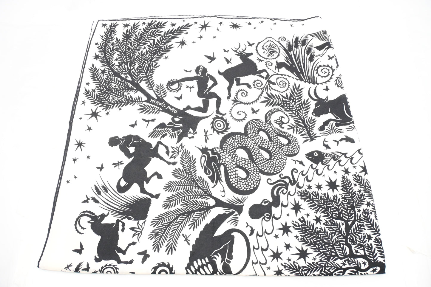 Hermes 'Sous le Charme d'Orphee' Shawl 140 in Black and White Cashmere and Silk