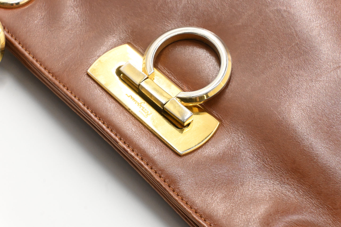 Ferragamo Gancini Shoulder Bag in Brown Leather