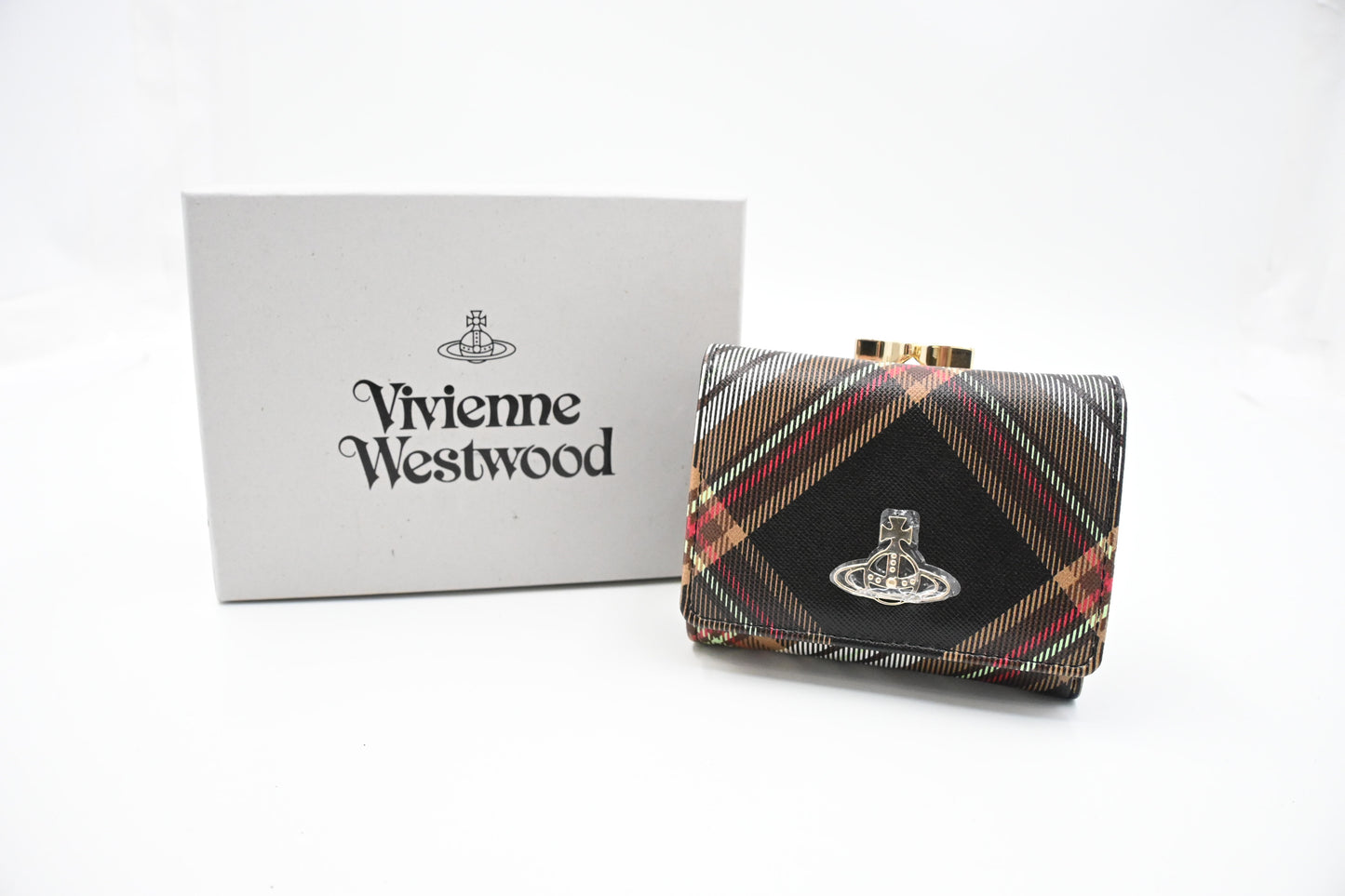 Vivienne Westwood Trifold Compact Wallet in Black Plaid Vegan Leather