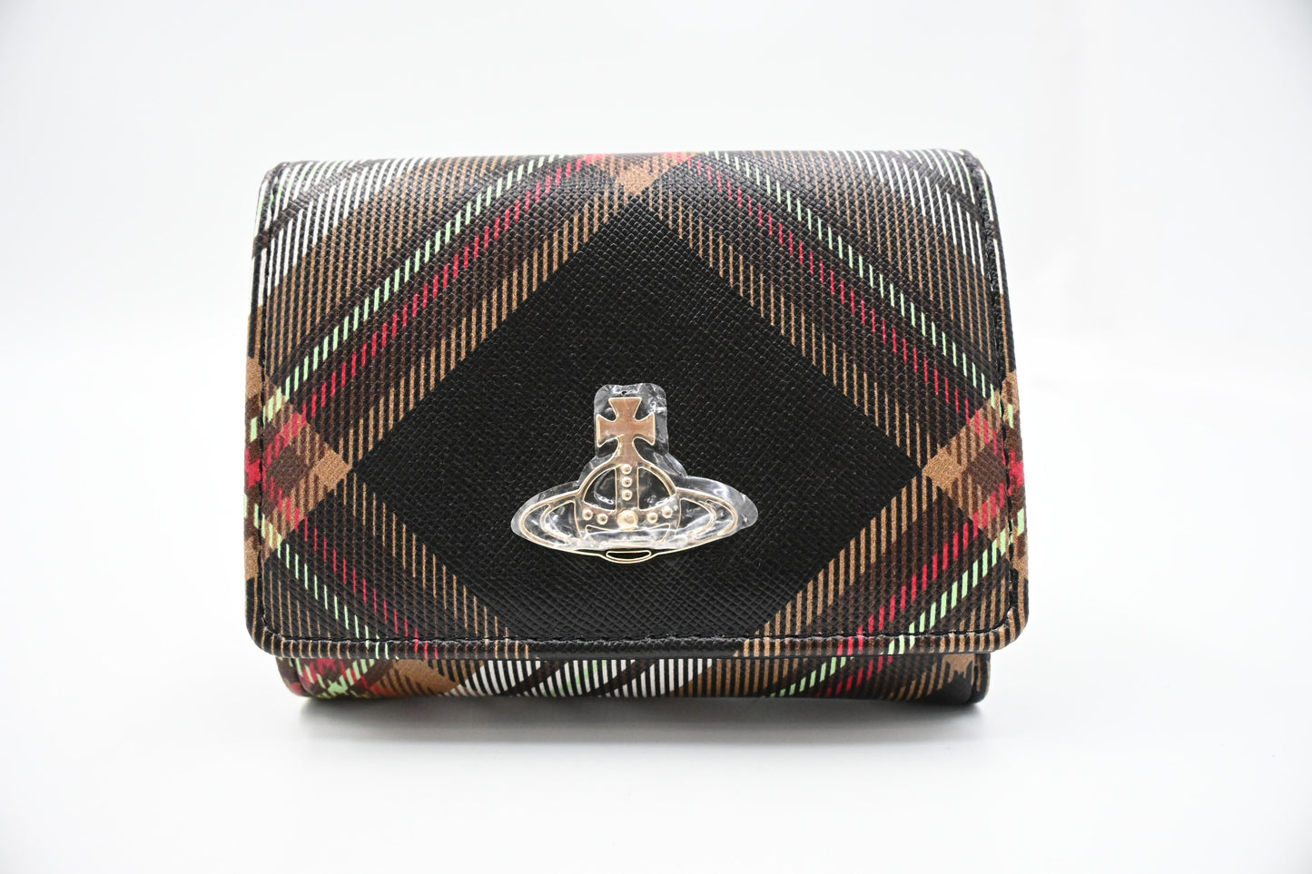 Vivienne Westwood Trifold Compact Wallet in Black Plaid Vegan Leather
