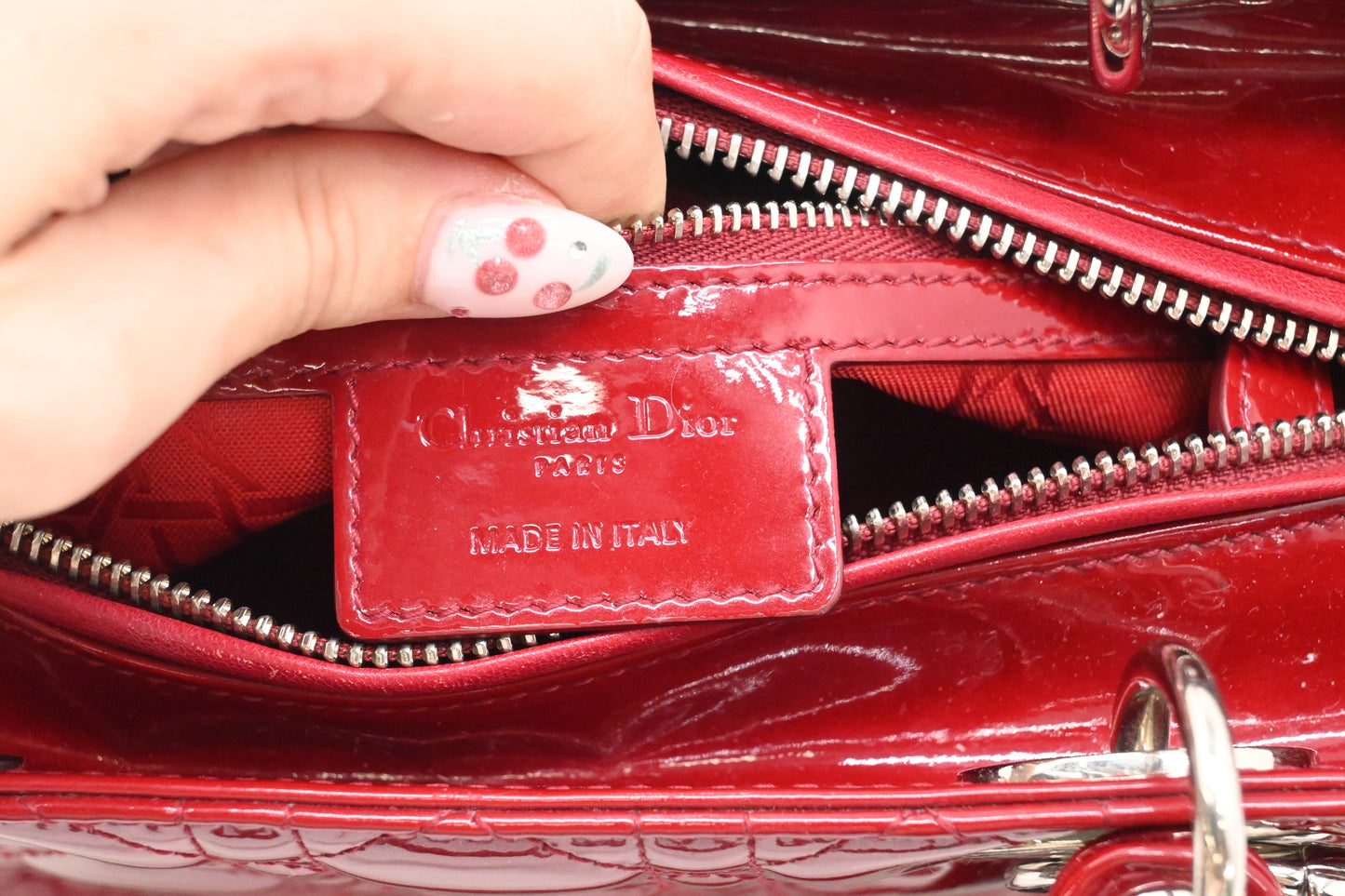 Dior Small Lady Dior in Red Cannage Patent Leather