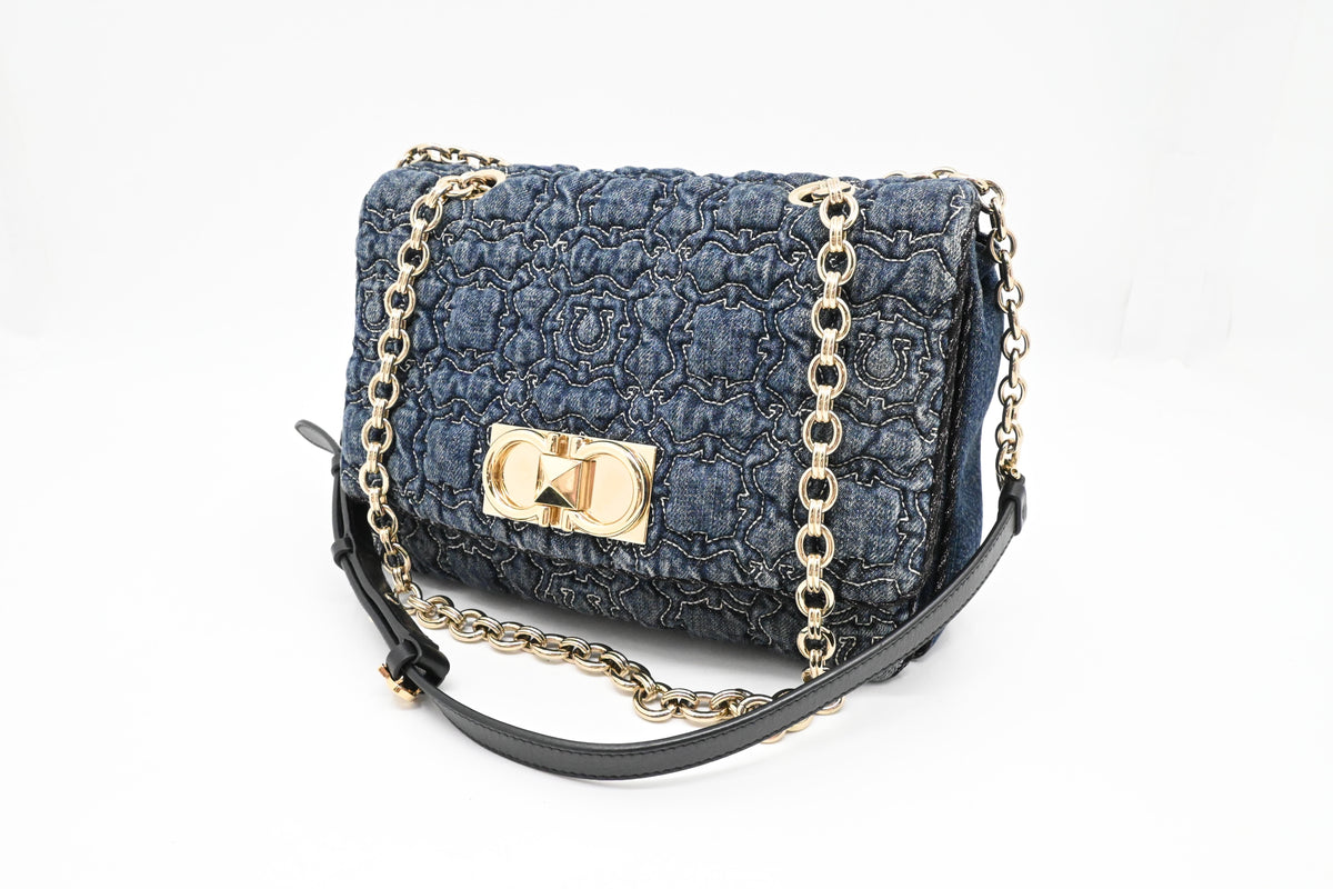 Ferragamo Chain Flap in Quilted Denim