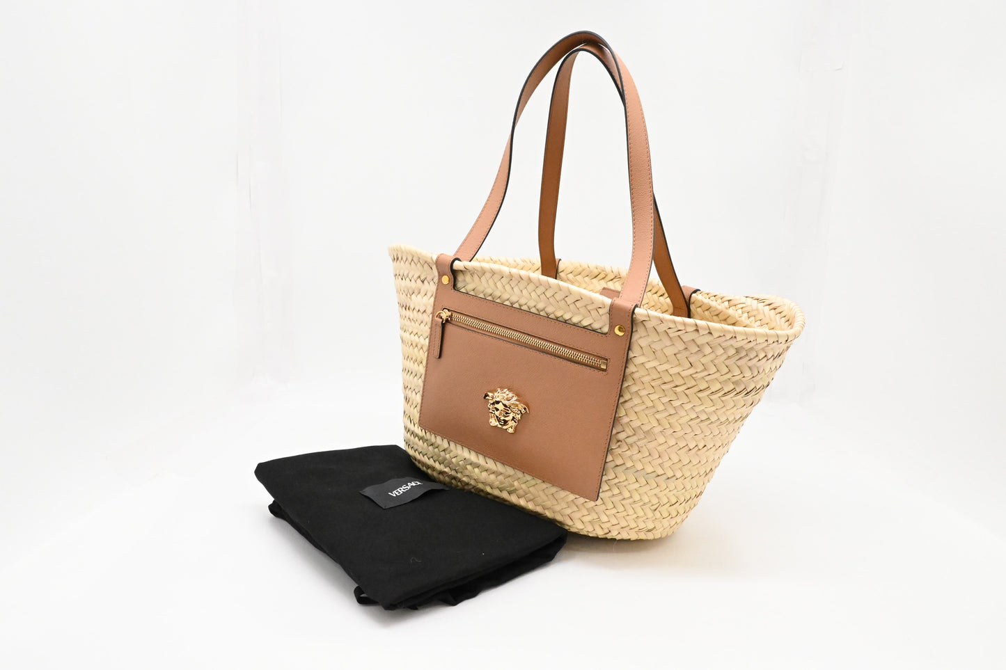 Versace Basket Bag in Raffia and Light Brown Leather