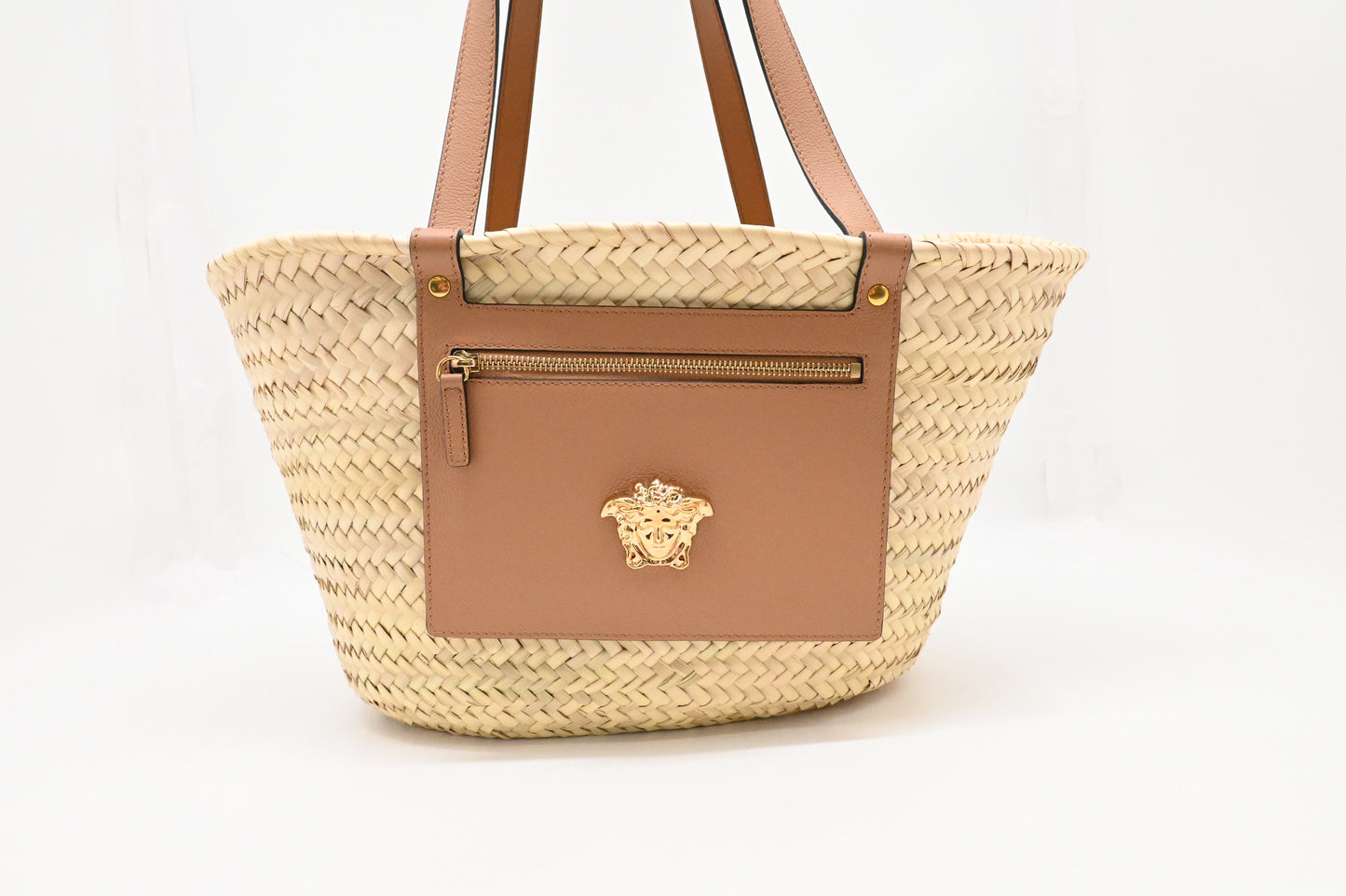 Versace Basket Bag in Raffia and Light Brown Leather