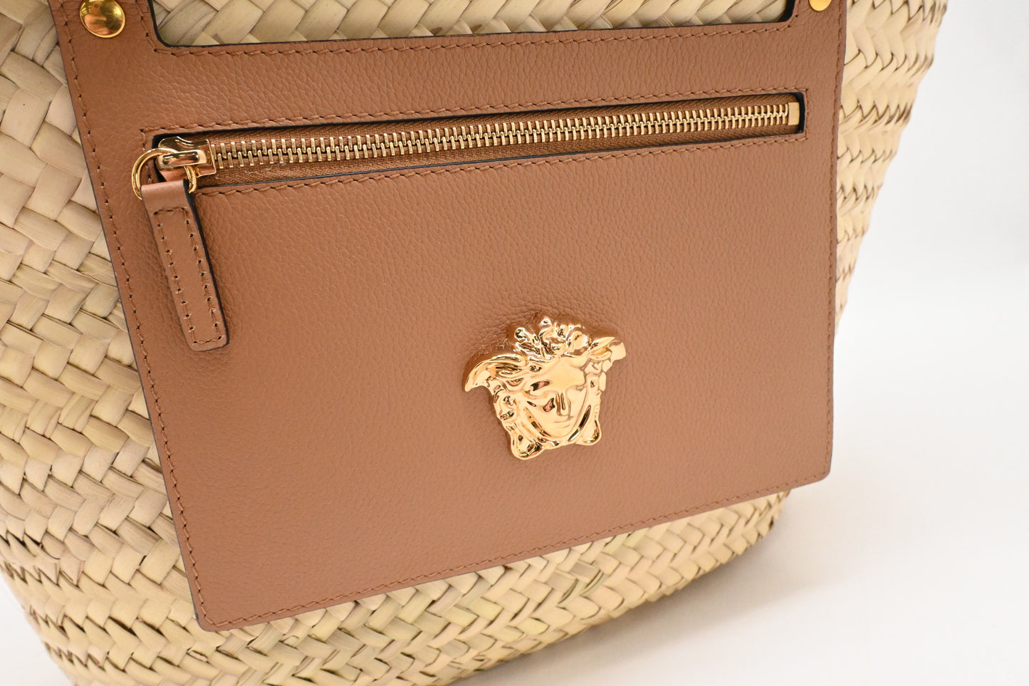 Versace Basket Bag in Raffia and Light Brown Leather
