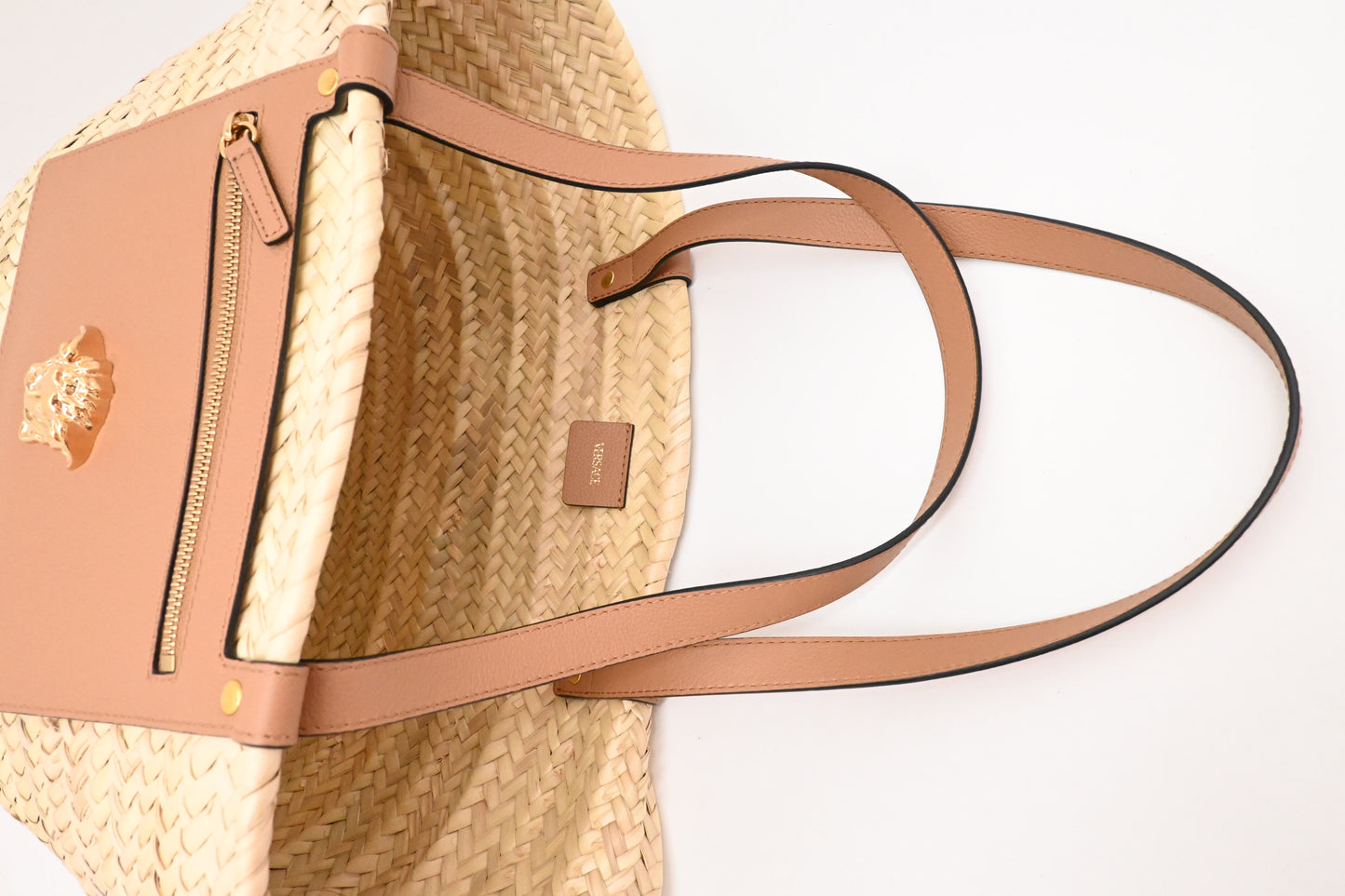 Versace Basket Bag in Raffia and Light Brown Leather