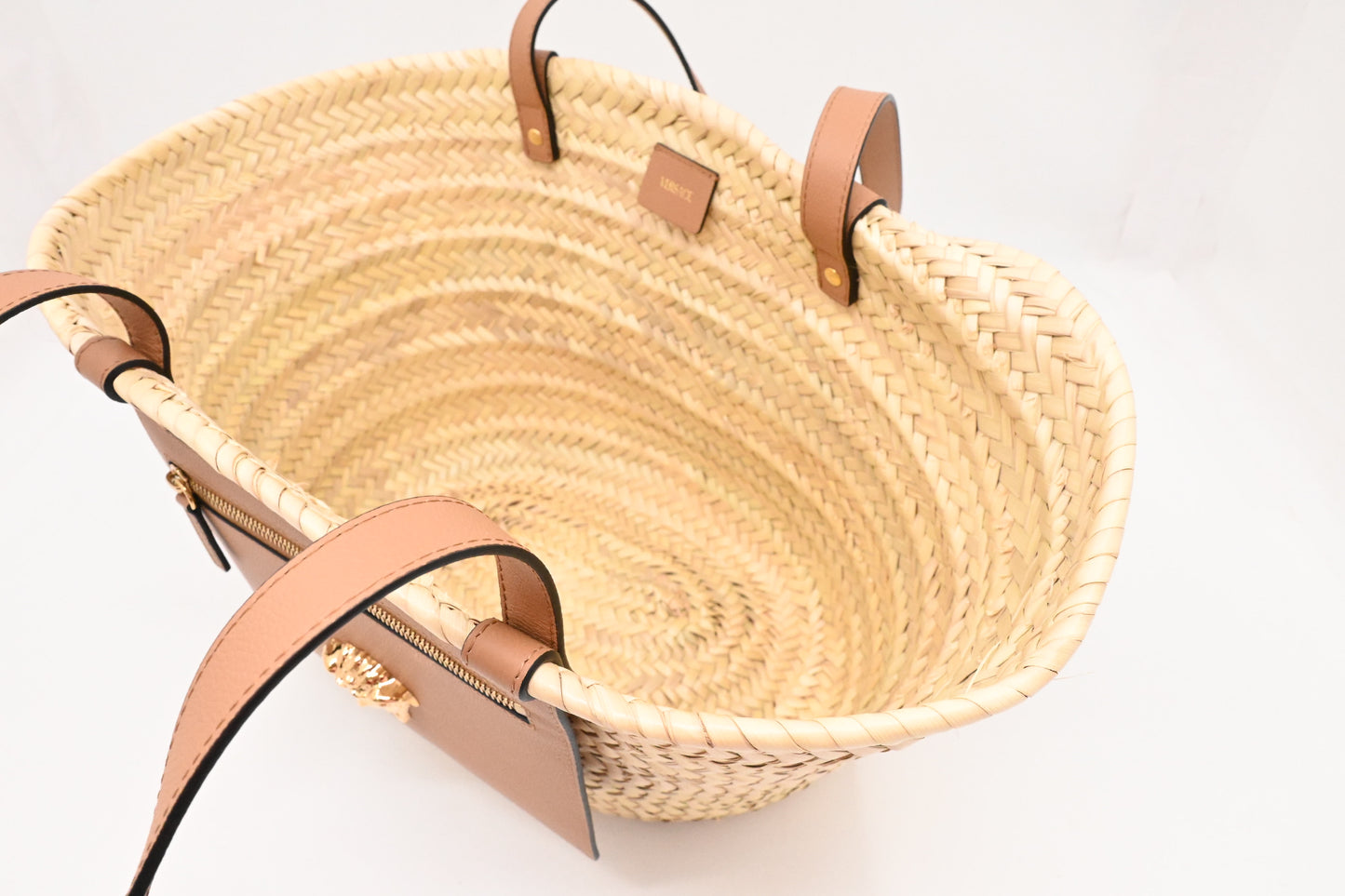 Versace Basket Bag in Raffia and Light Brown Leather