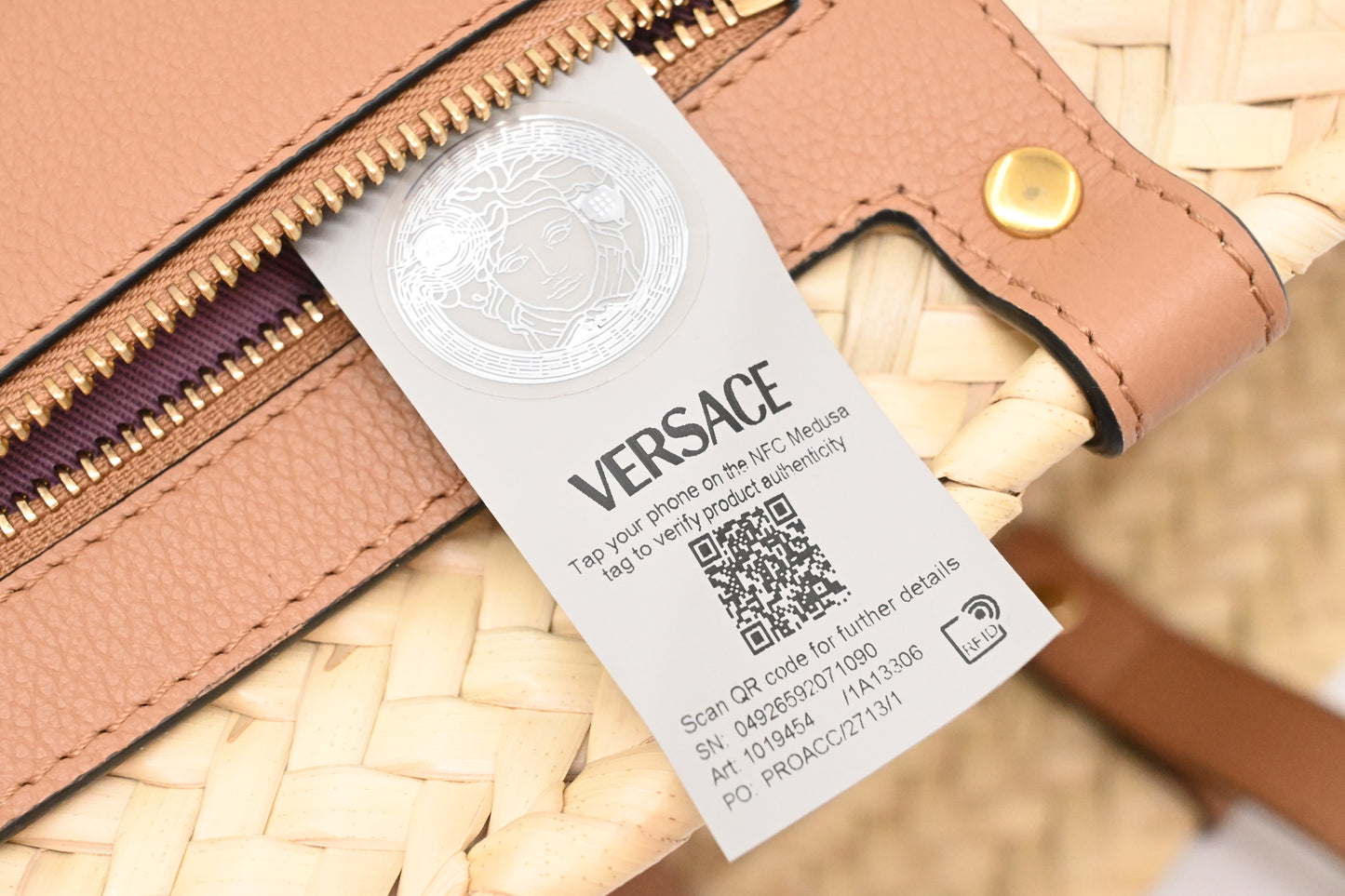 Versace Basket Bag in Raffia and Light Brown Leather