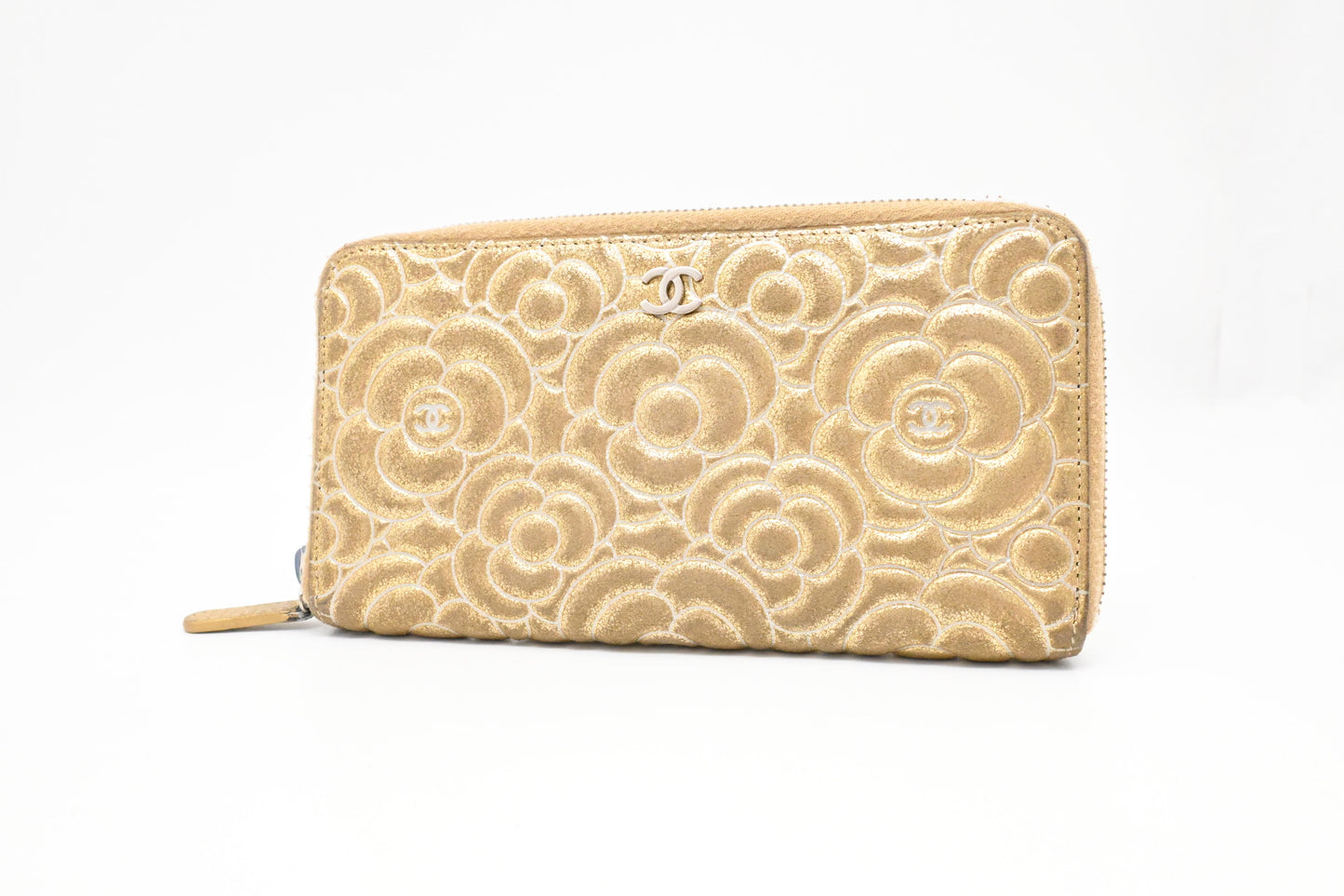 Chanel Camelia Long Wallet in Gold Suede