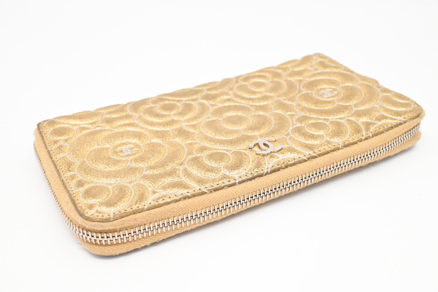 Chanel Camelia Long Wallet in Gold Suede