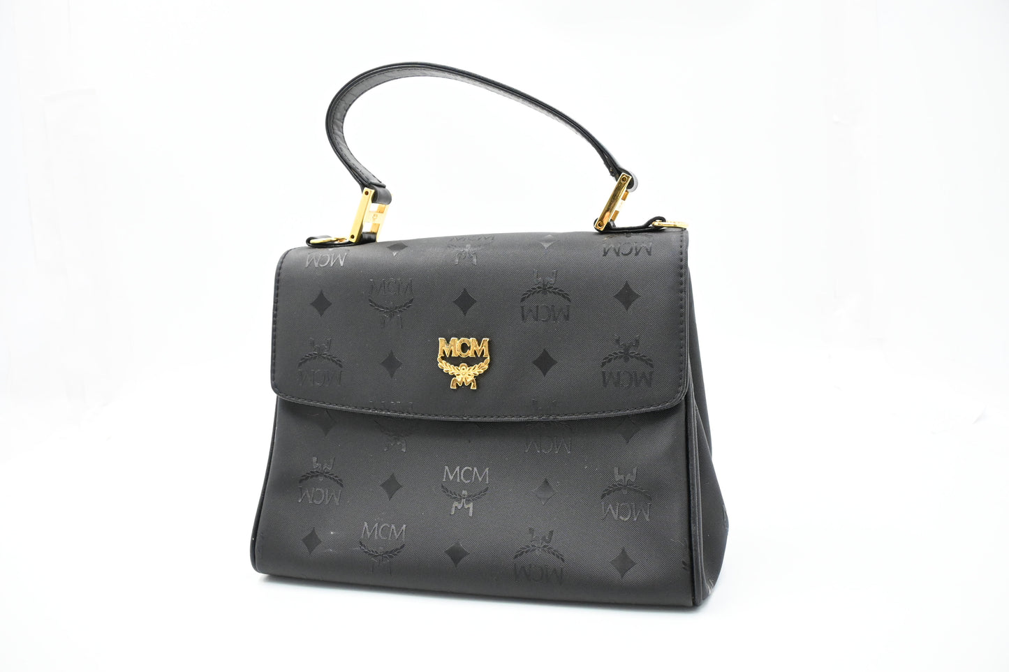 MCM Top Handle Bag in Black Coated Canvas
