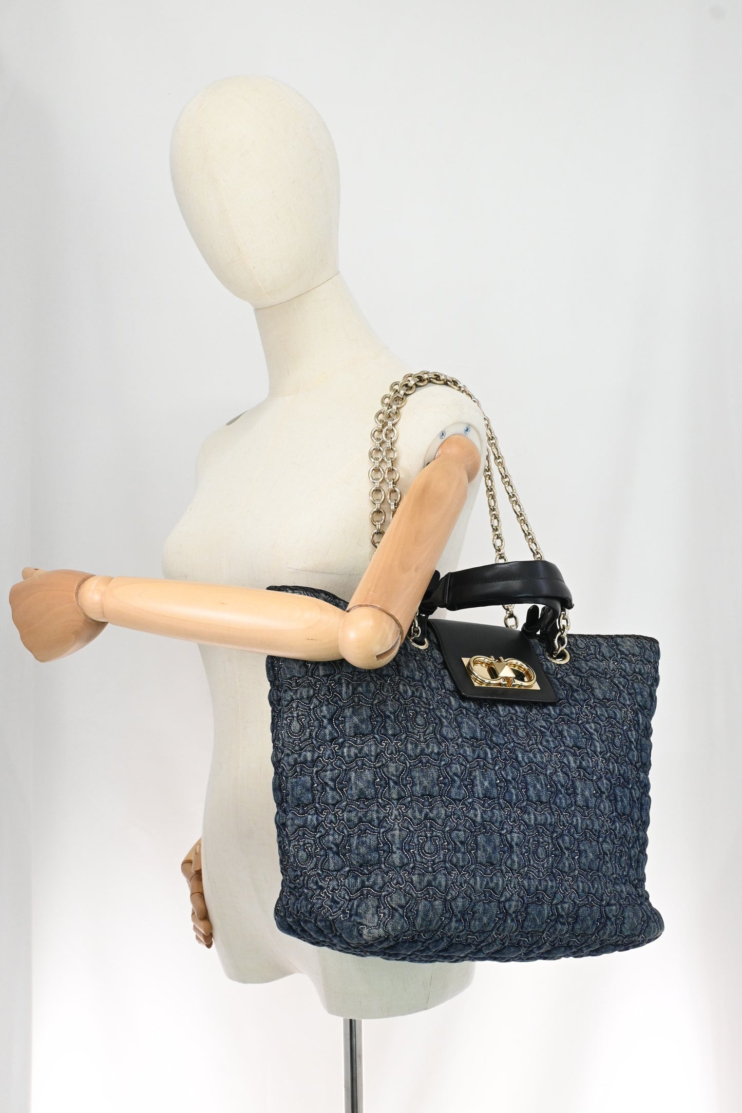 Ferragamo Chain Tote Bag in Quilted Denim