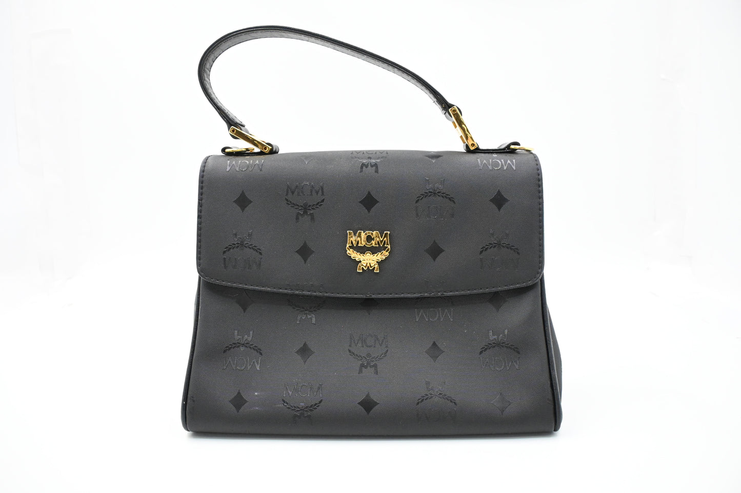 MCM Top Handle Bag in Black Coated Canvas