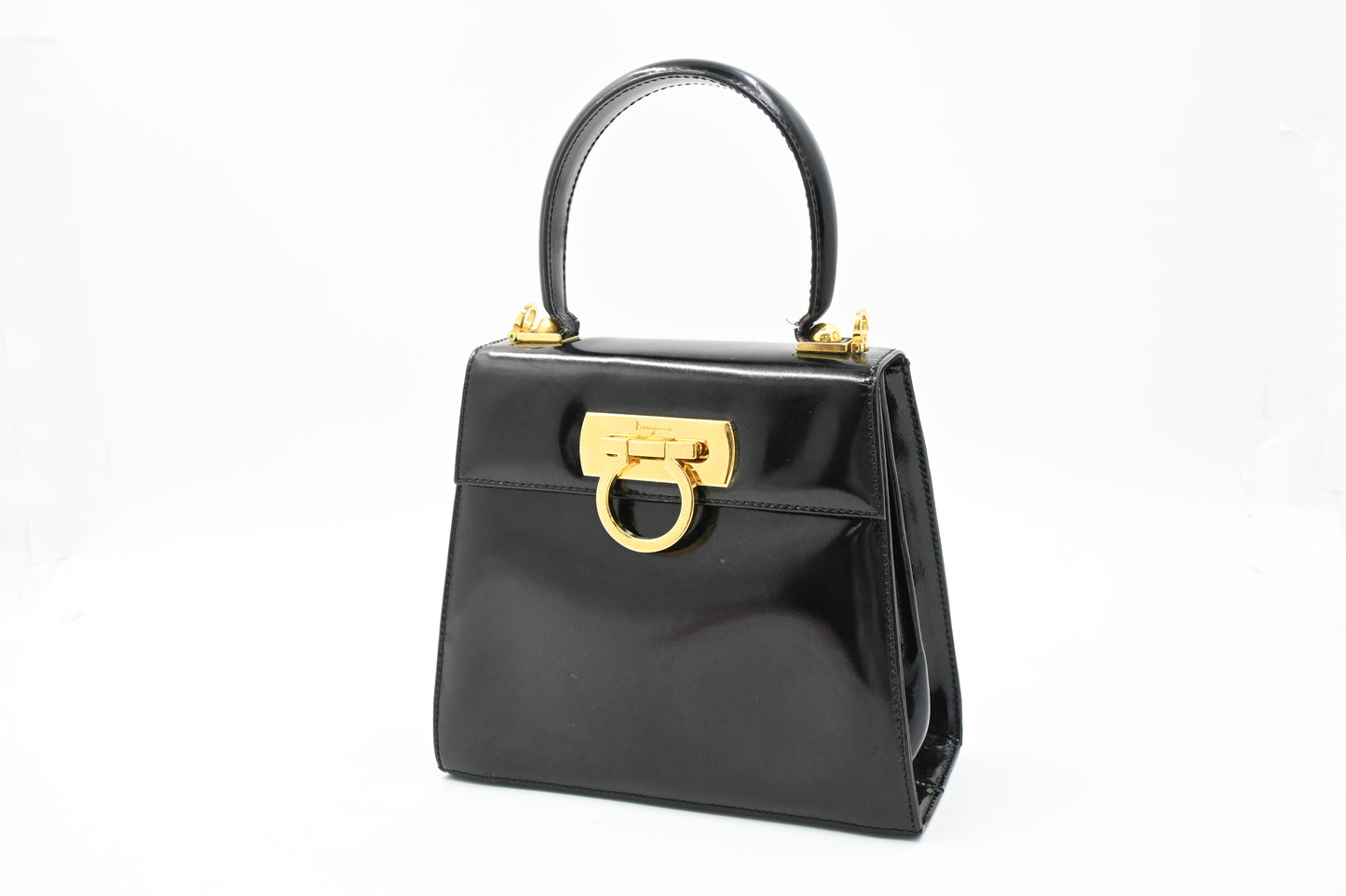 Ferragamo Top Handle Bag in Black Patent Leather