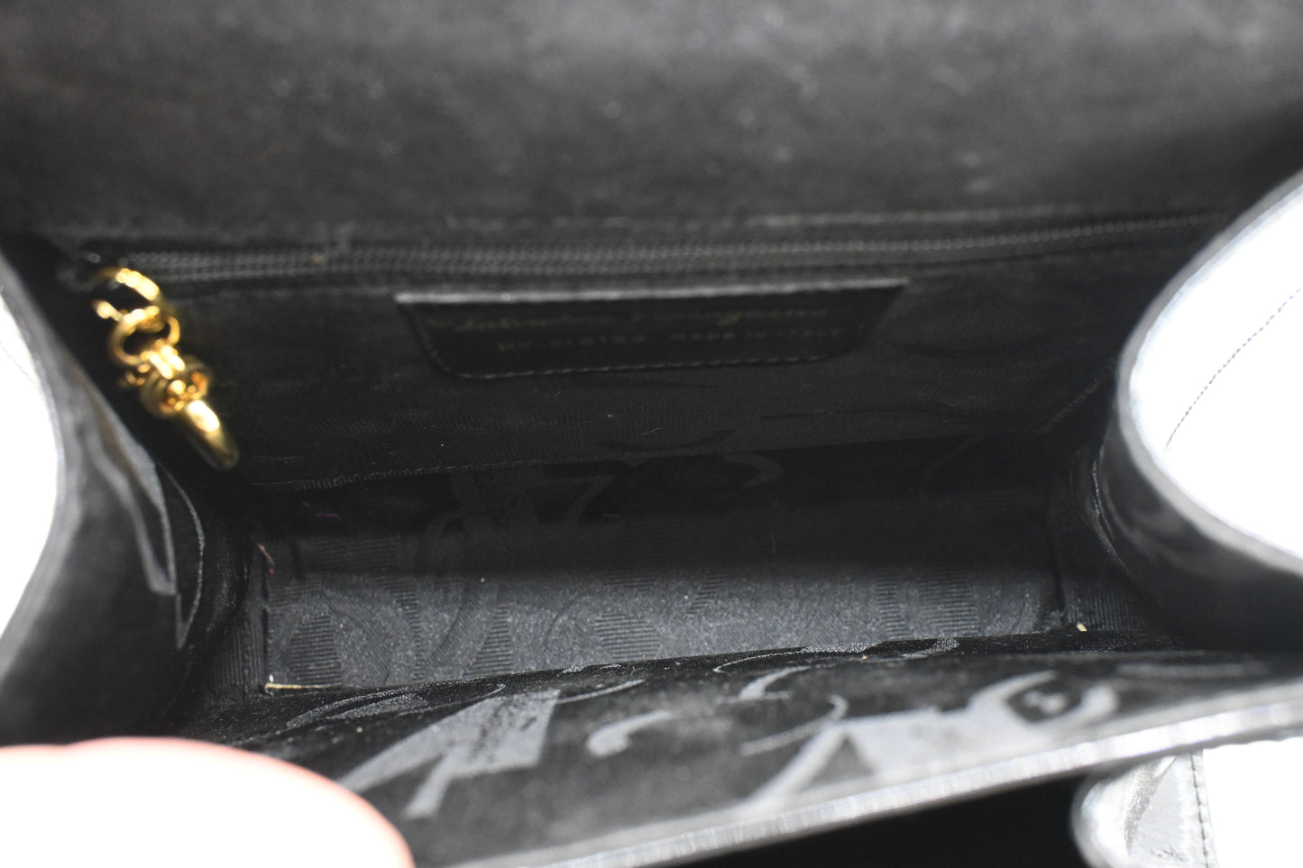 Ferragamo Top Handle Bag in Black Patent Leather