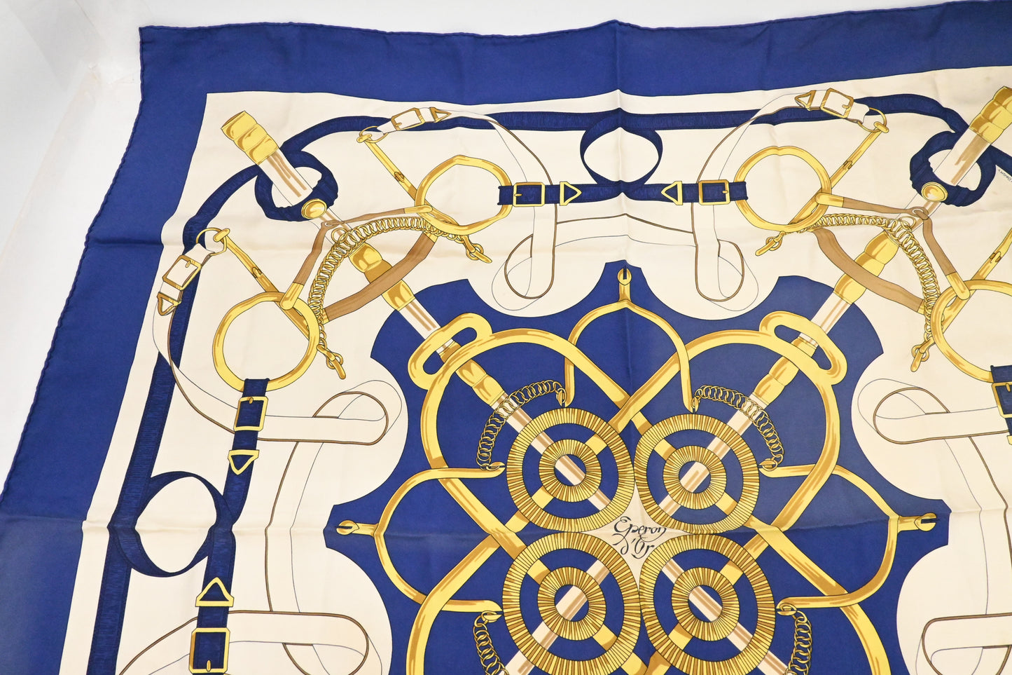 Hermes 'Eperon D'or' Carre 90 in Blue and Cream Silk