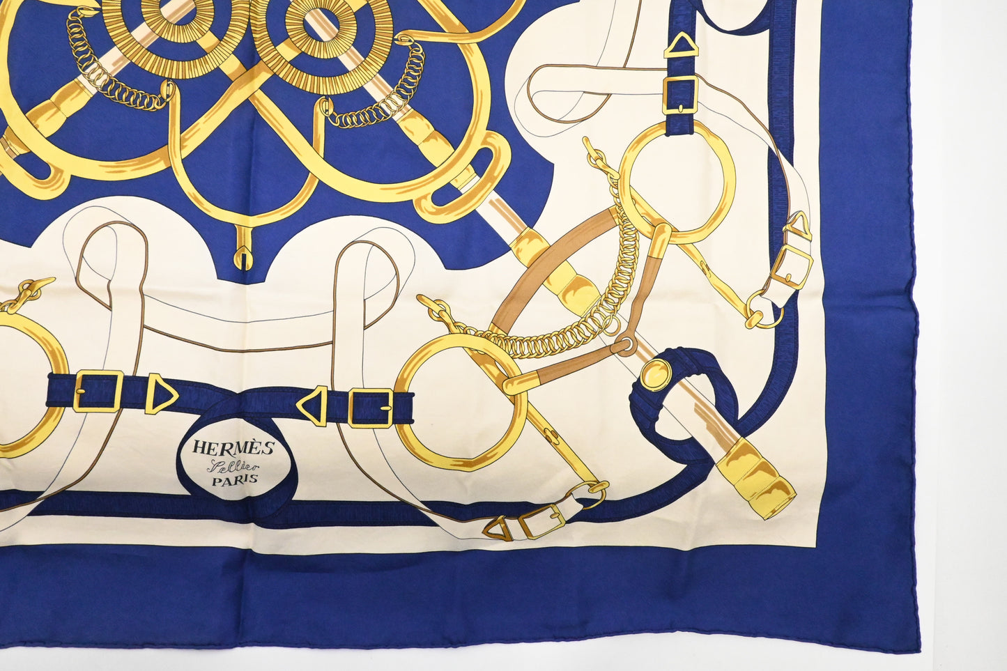 Hermes 'Eperon D'or' Carre 90 in Blue and Cream Silk