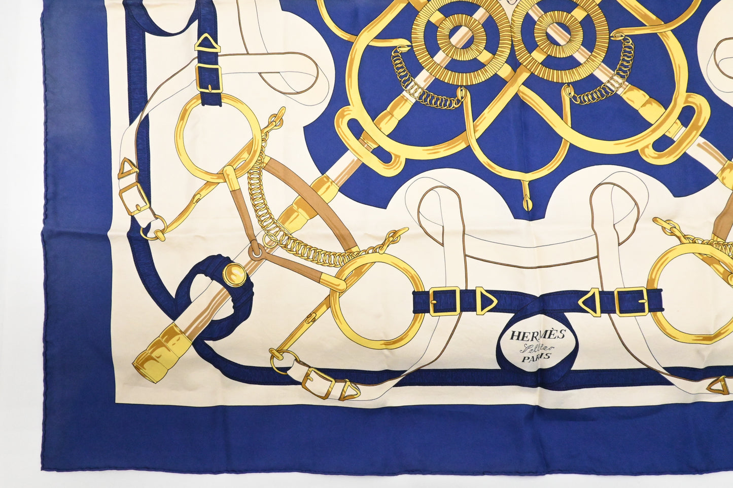 Hermes 'Eperon D'or' Carre 90 in Blue and Cream Silk