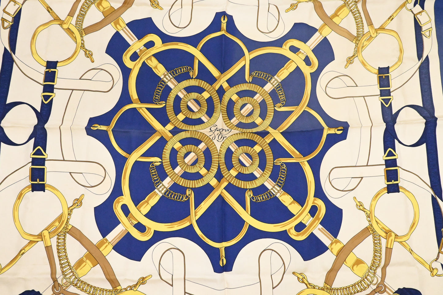 Hermes 'Eperon D'or' Carre 90 in Blue and Cream Silk