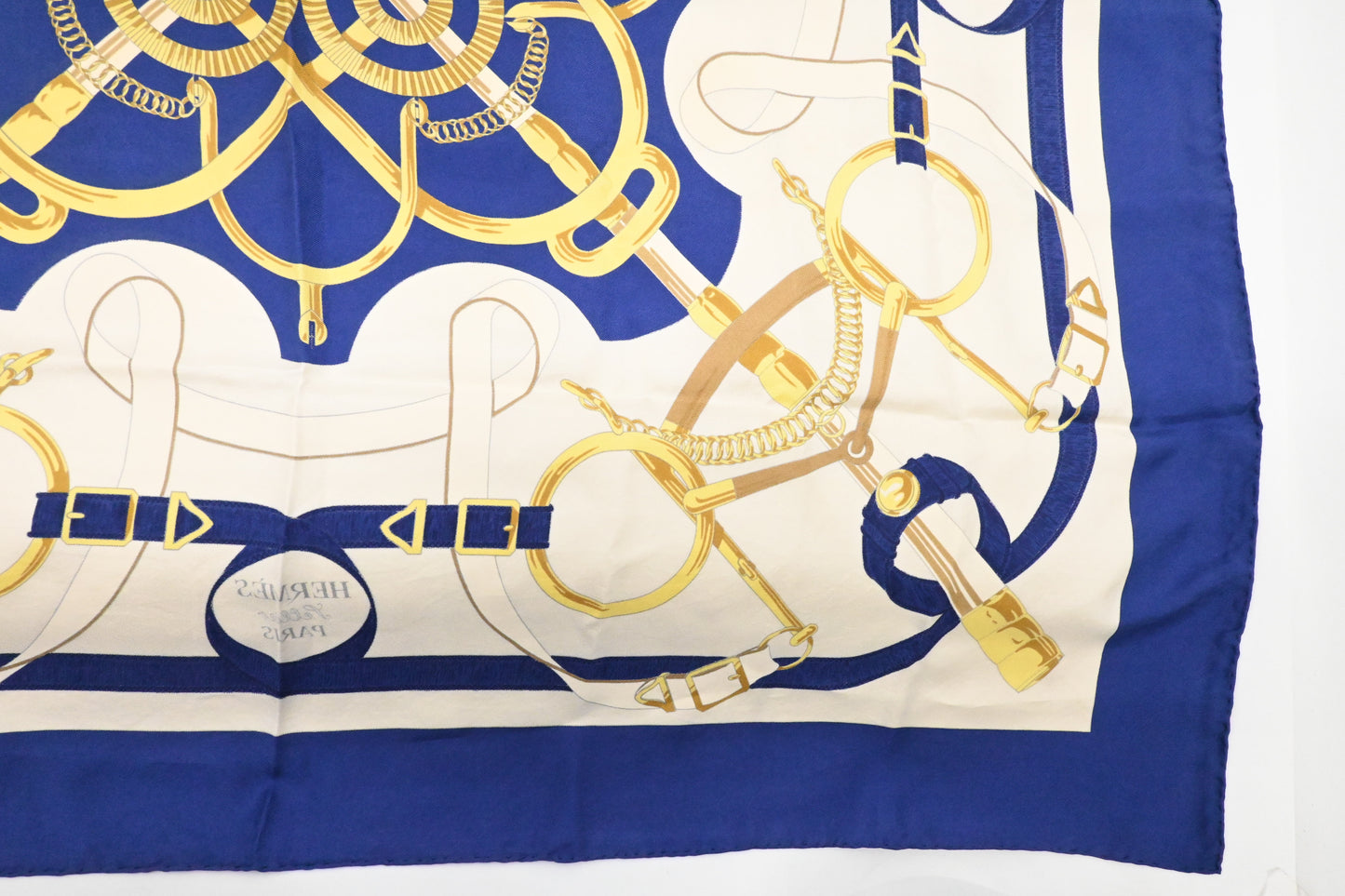 Hermes 'Eperon D'or' Carre 90 in Blue and Cream Silk