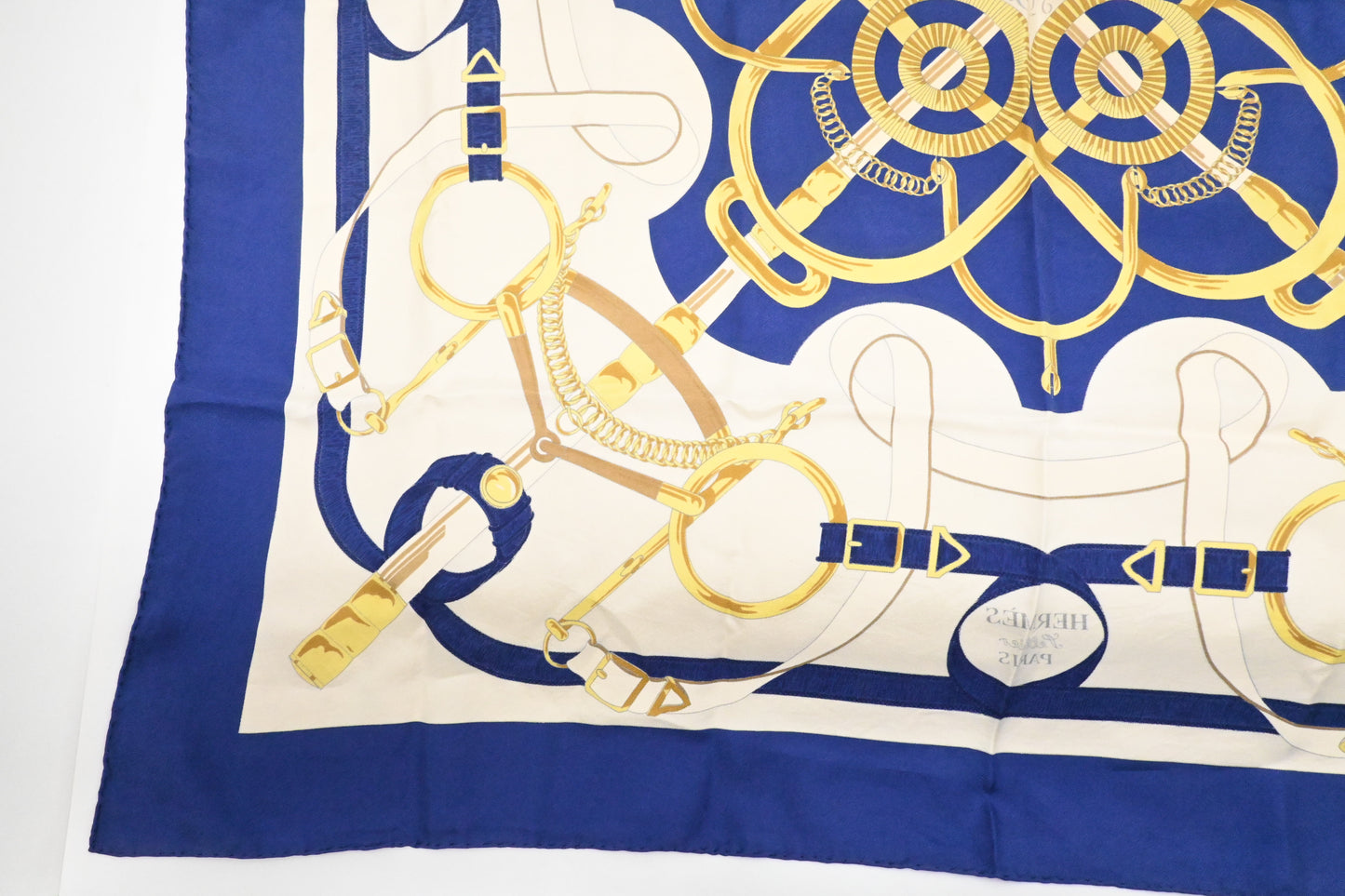 Hermes 'Eperon D'or' Carre 90 in Blue and Cream Silk