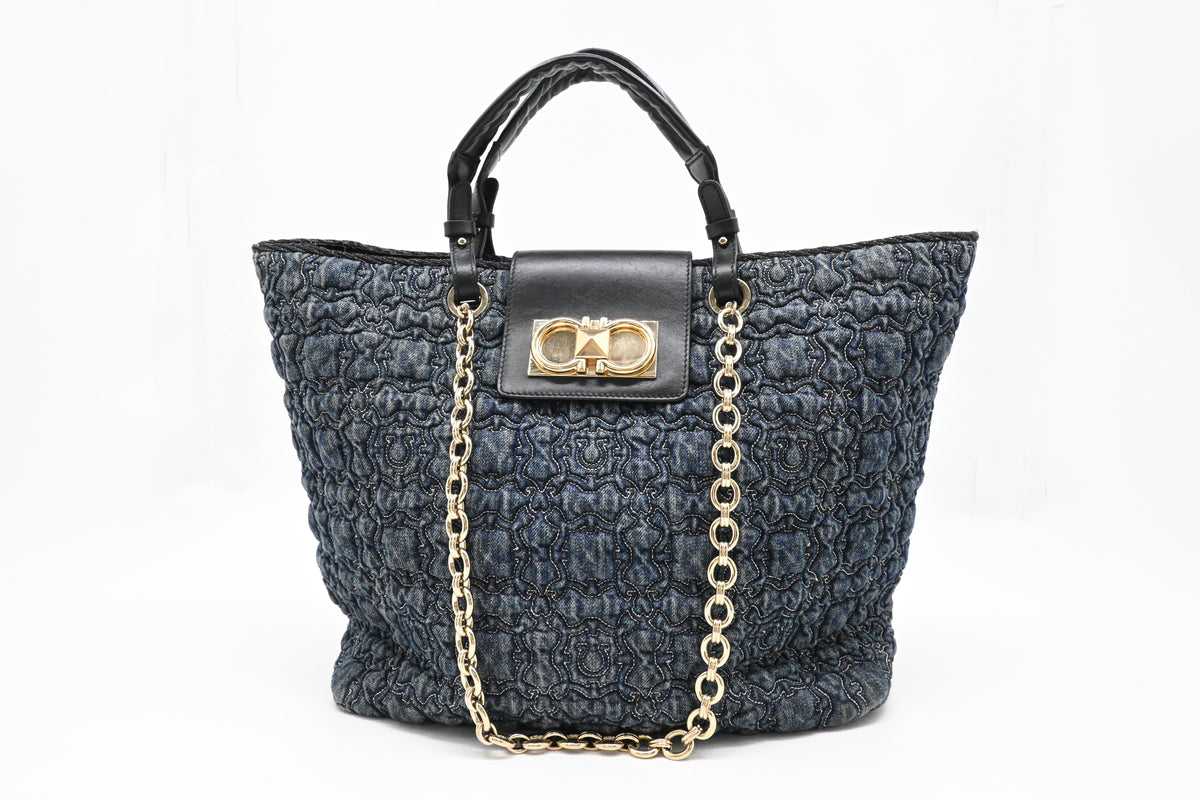 Ferragamo Chain Tote Bag in Quilted Denim