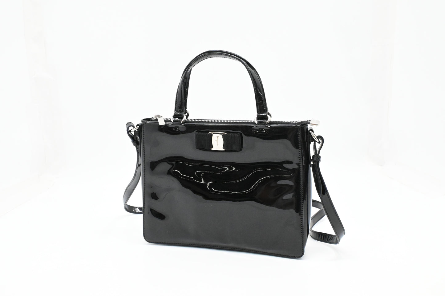 Ferragamo Vara Handbag in Black Patent Leather