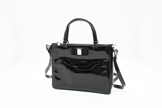 Ferragamo Vara Handbag in Black Patent Leather