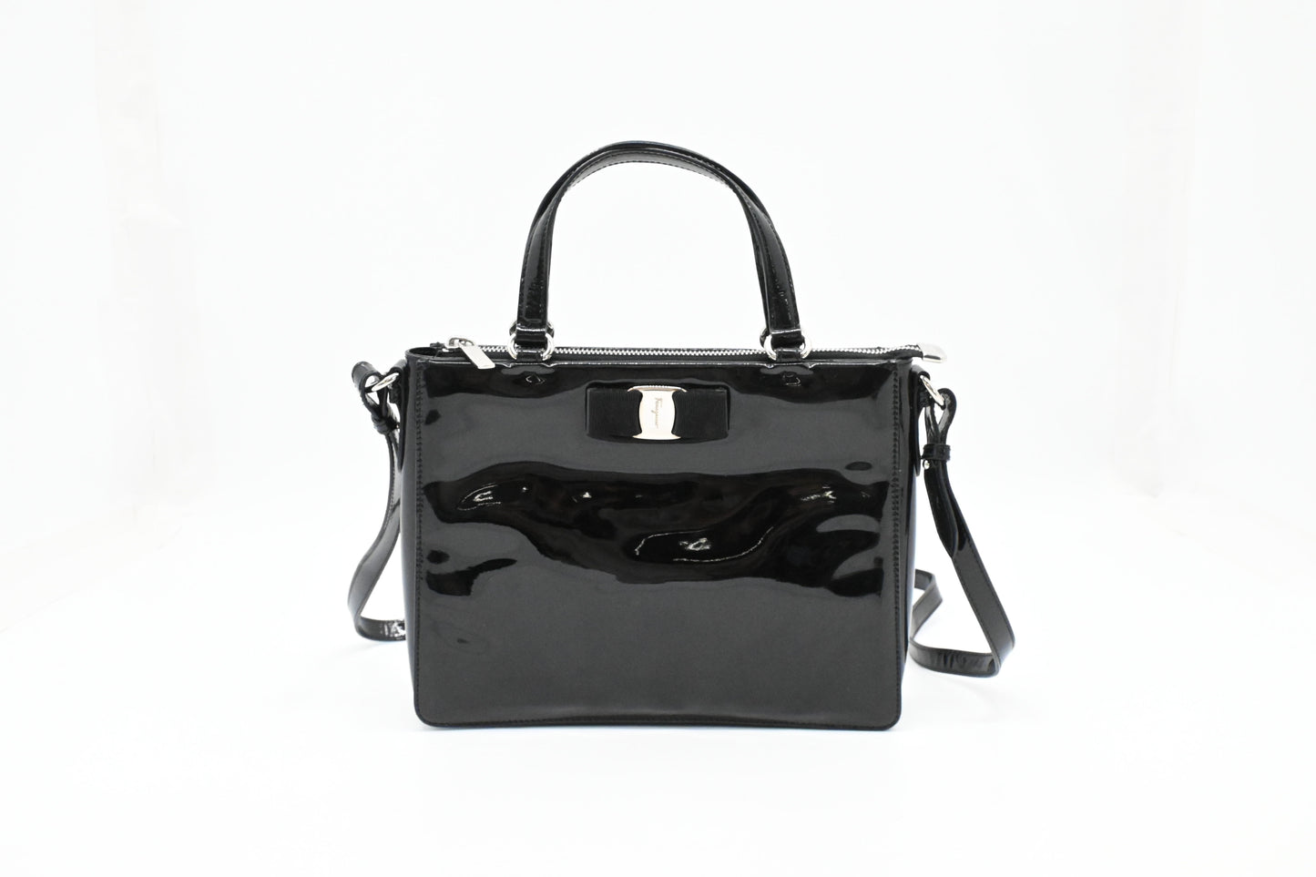 Ferragamo Vara Handbag in Black Patent Leather