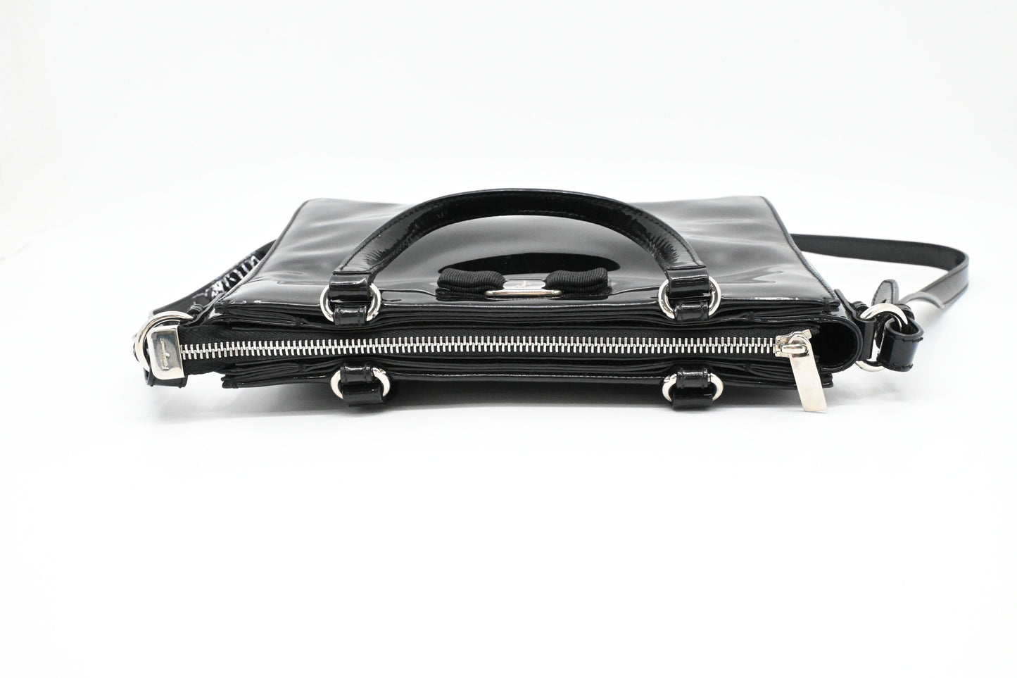 Ferragamo Vara Handbag in Black Patent Leather