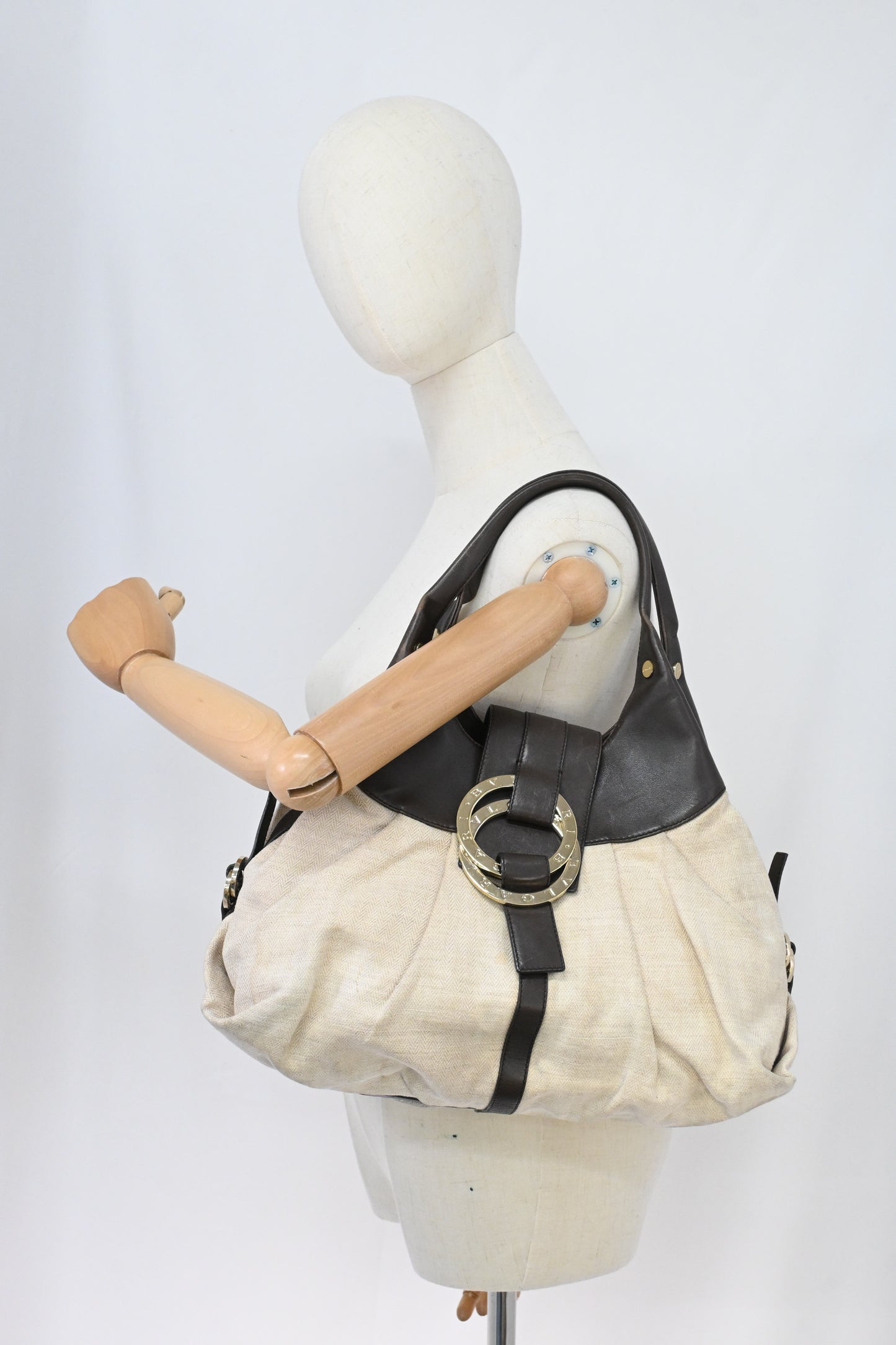 Bvlgari Chandra Hobo Bag in Cream Canvas and Brown Leather