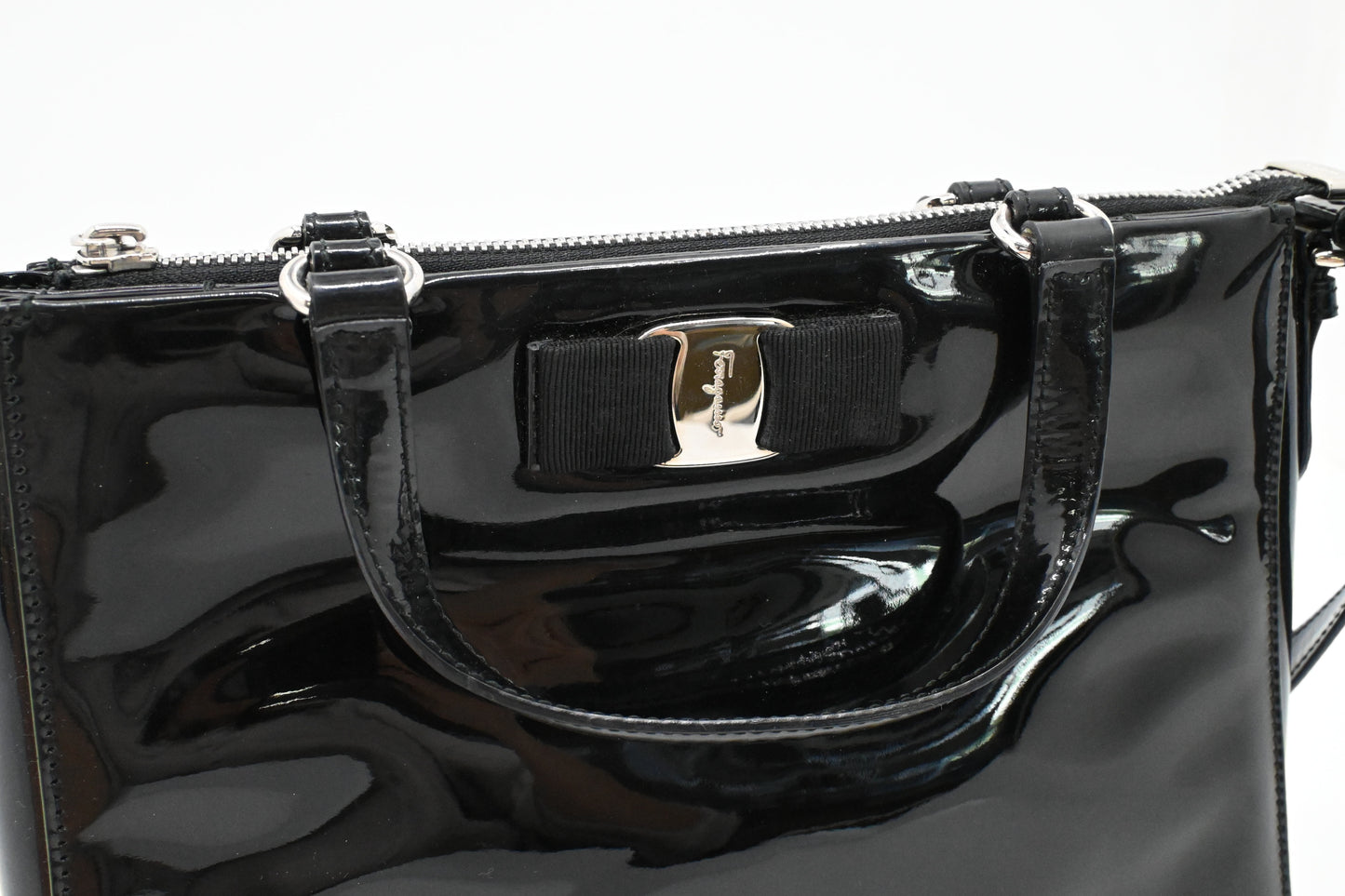Ferragamo Vara Handbag in Black Patent Leather