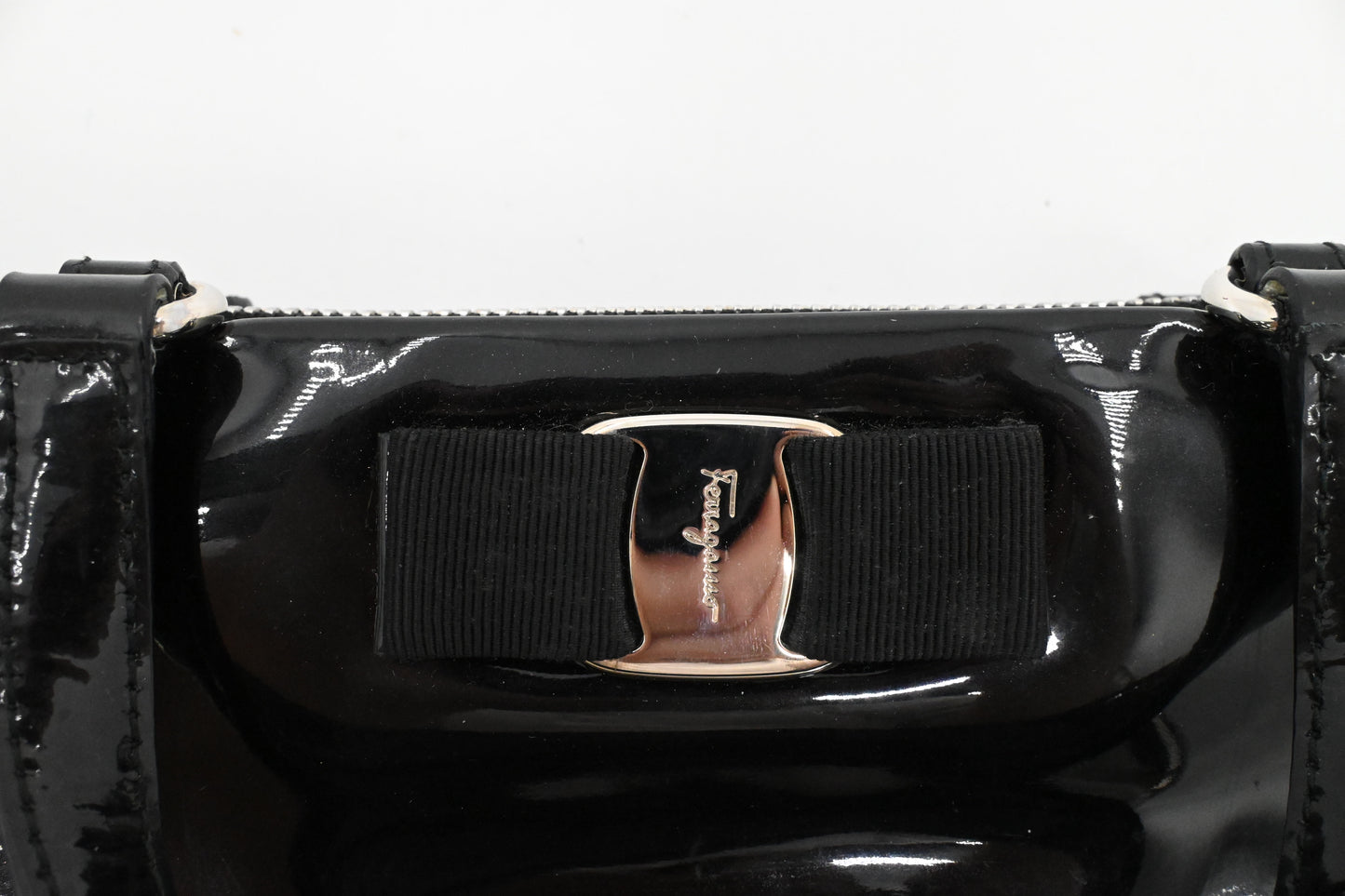 Ferragamo Vara Handbag in Black Patent Leather