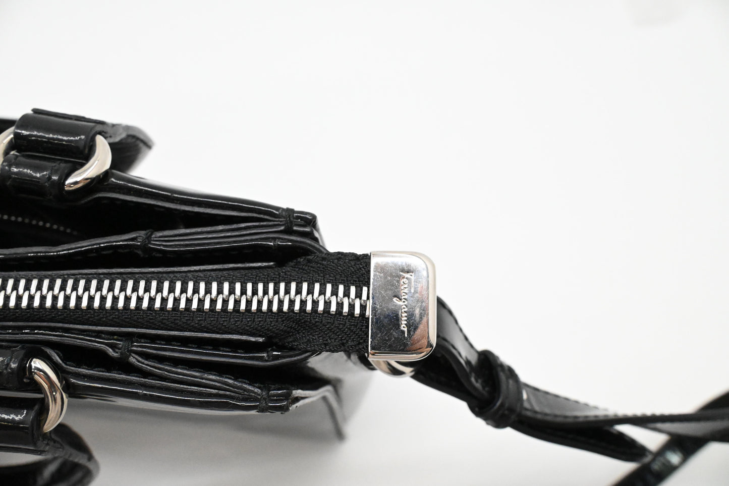 Ferragamo Vara Handbag in Black Patent Leather