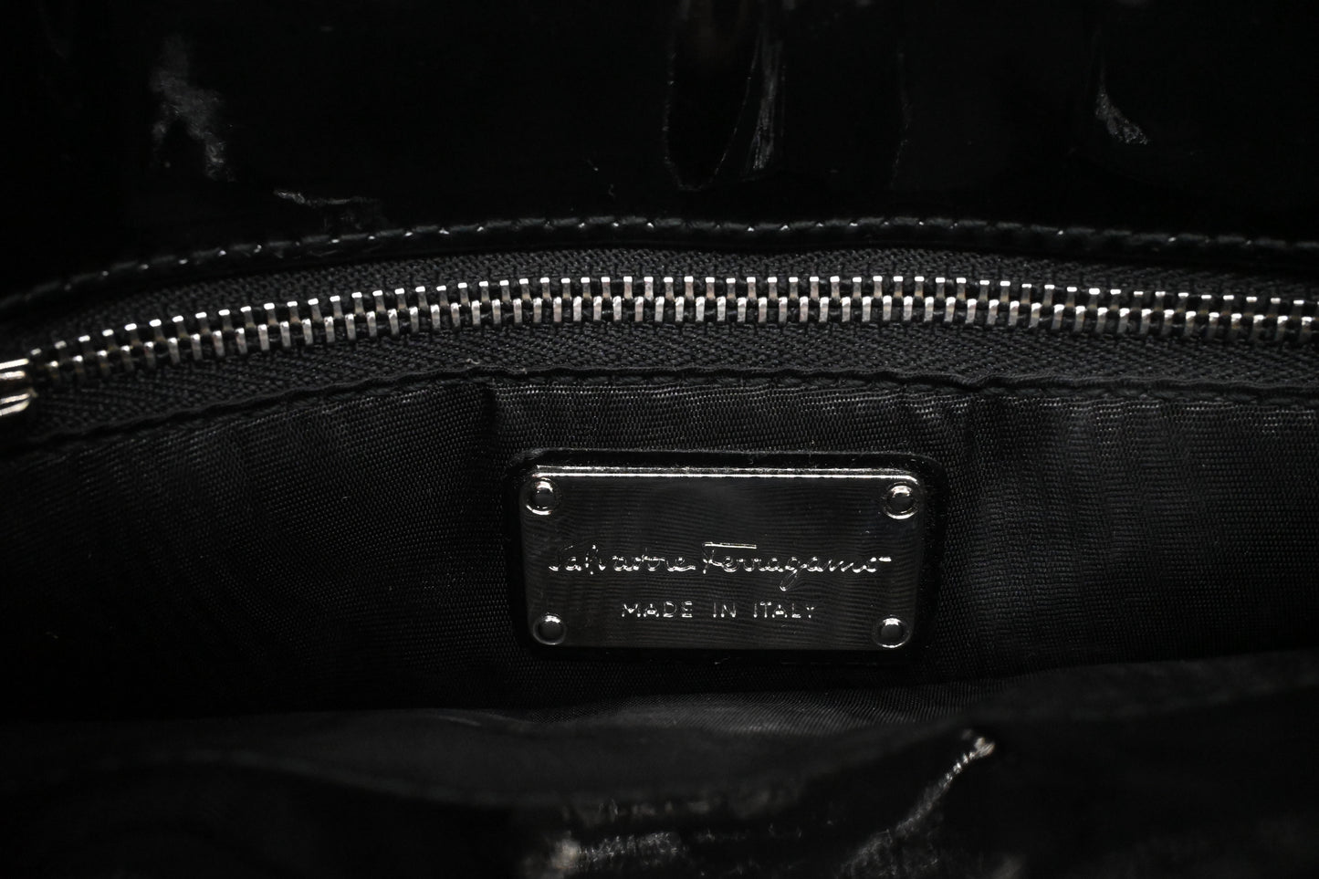 Ferragamo Vara Handbag in Black Patent Leather