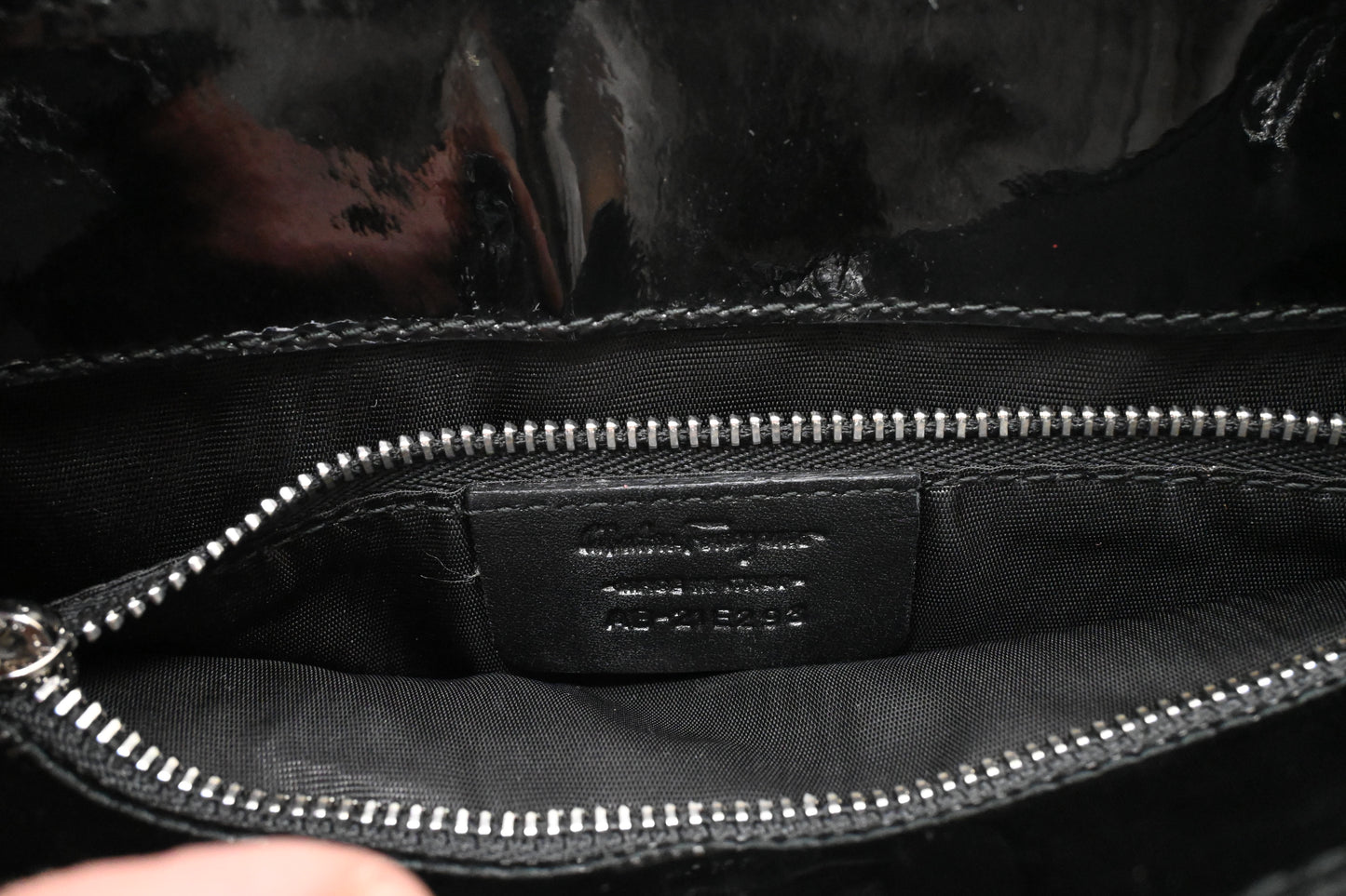 Ferragamo Vara Handbag in Black Patent Leather